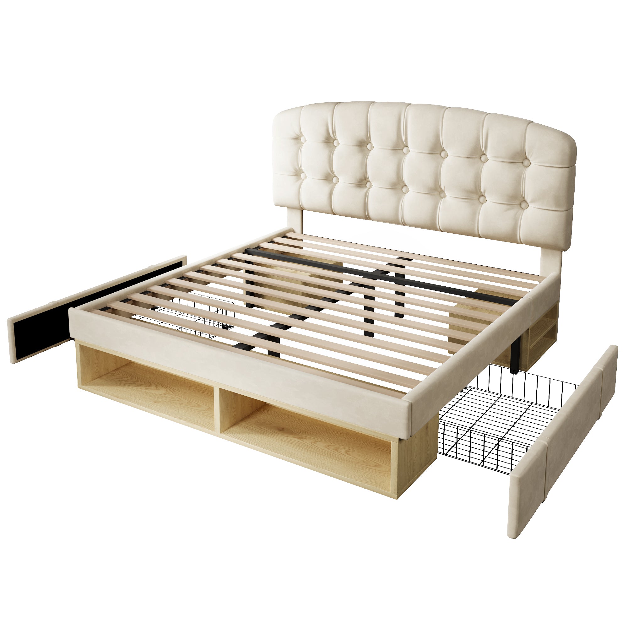 Upholstered King Bed with Storage Compartments and Drawers, 5ft King Bed with Adjustable Headboard, 150 x 200 cm, Velvet, Beige (No Mattress)