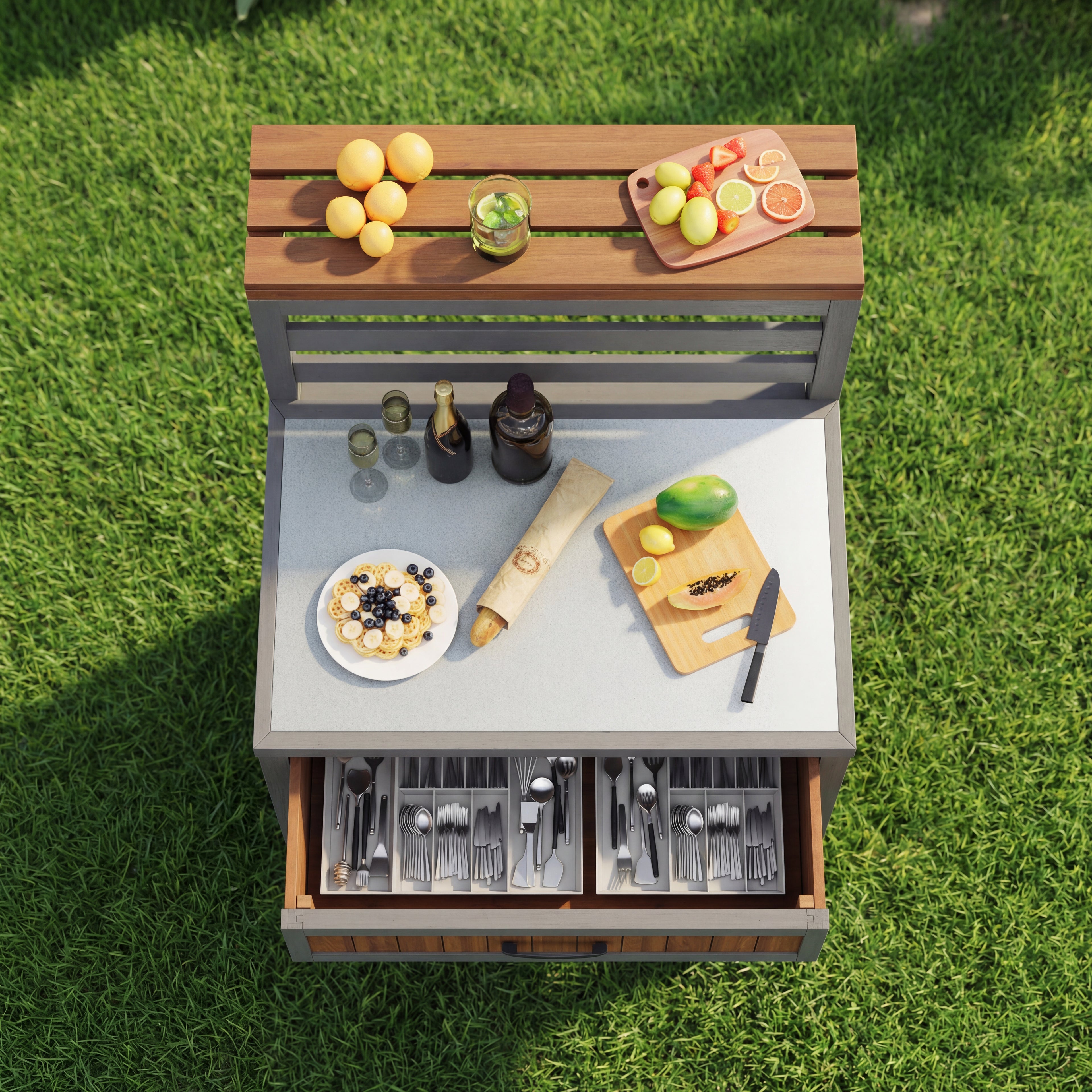 Wooden outdoor garden cabinet, outdoor cabinet with stainless steel worktop & large drawer, barbecue station with double shelf, tilt-proof design, weather-resistant kitchen cabinet for patios