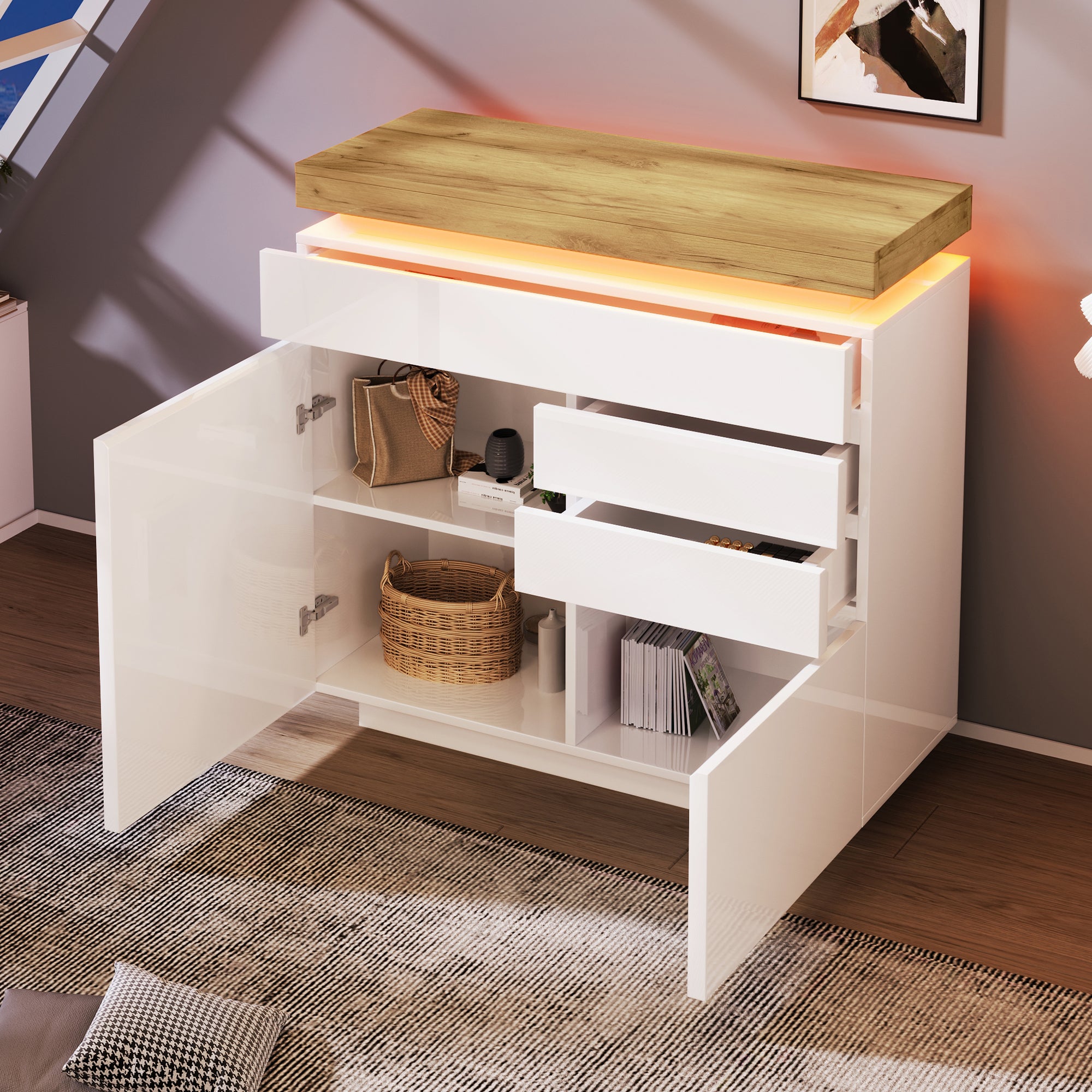 Chest of Drawers,High-gloss Sideboard Cabinet with 2 Doors and 3 Drawers,Storage with RGB LED(App-controlled),Multi-purpose Cabinet for Living Room and Bedroom, 115 x 110 x 39 cm, White