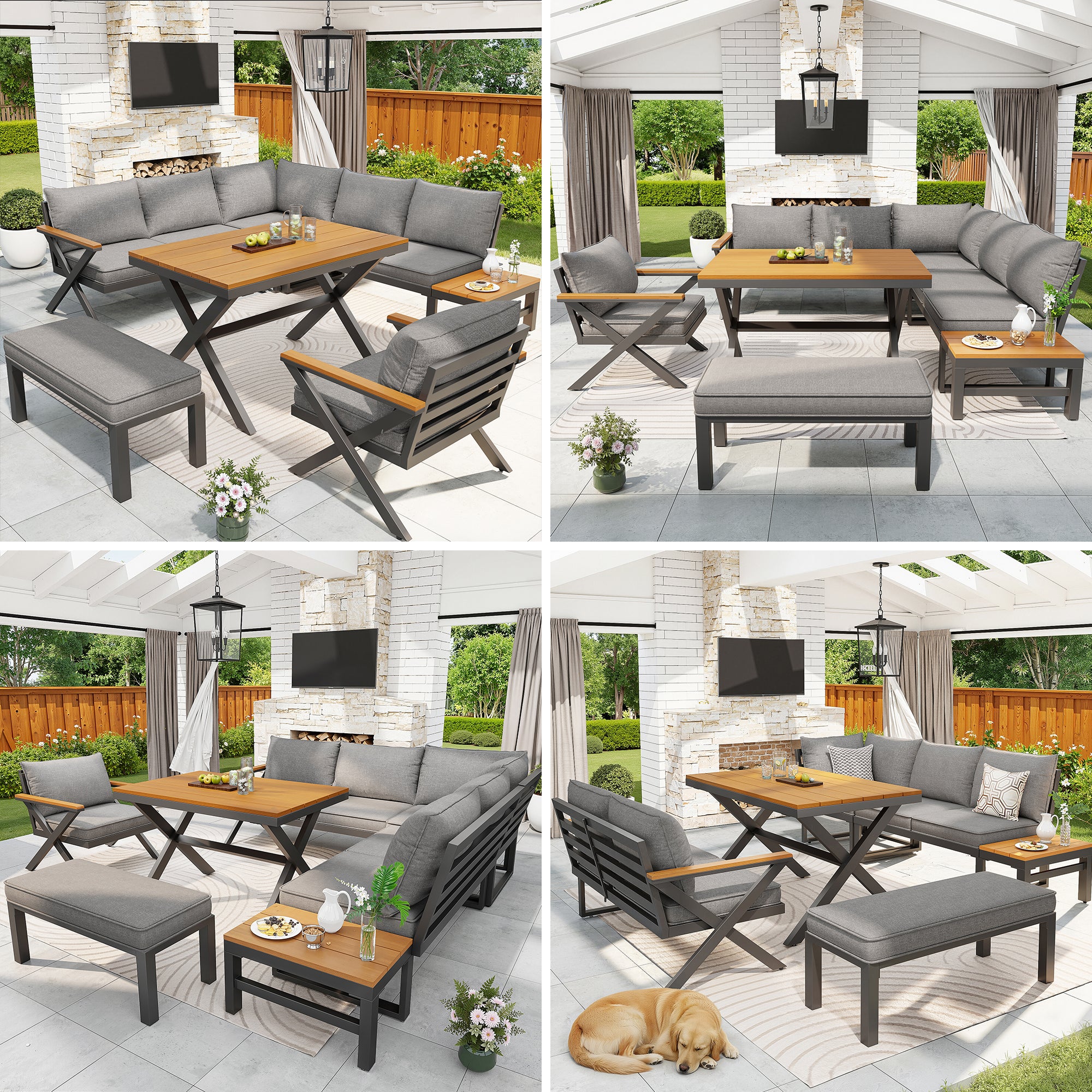 Outdoor Sofa Set with X-Shaped Metal Frame, 8cm Thick Cushions, Plastic Wood Armrests, for Patio & Garden