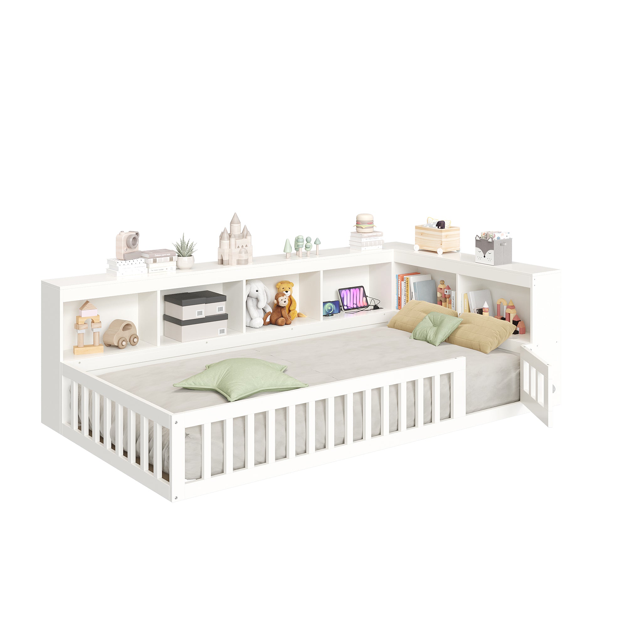 3ft Single Floor Bed Frame with Beside Bookcase and Storage Shelves, Full Floor Bed Frame with Guardrails and Door for Bedroom, USB and Type - C Ports, White (No Mattress)