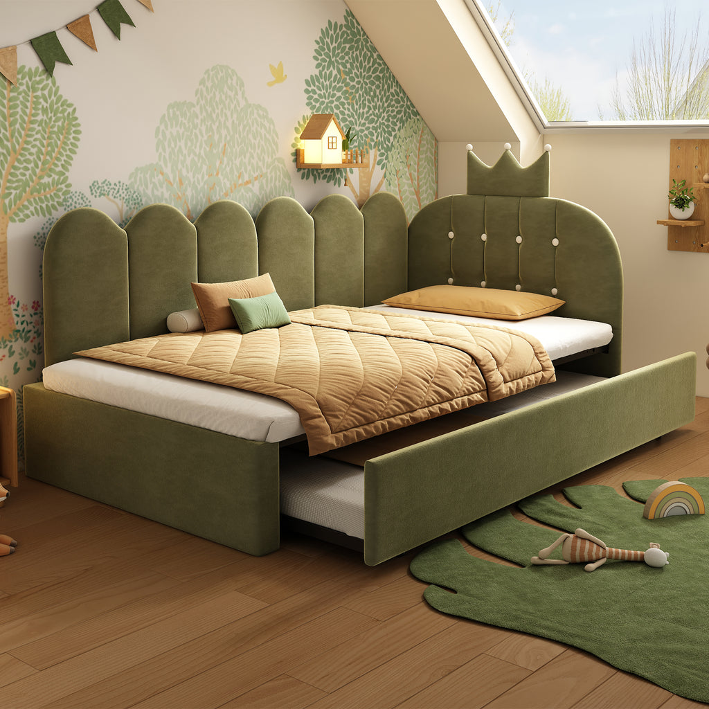 Upholstered Daybed with Pull-Out Bed, Crown-shaped Trundle Bed, 3FT Single Sofa Bed 90 x 190 cm, Guest Beds for Adults & Children, Bed with Metal Slatted Frame, Velvet, Green (No Mattress)