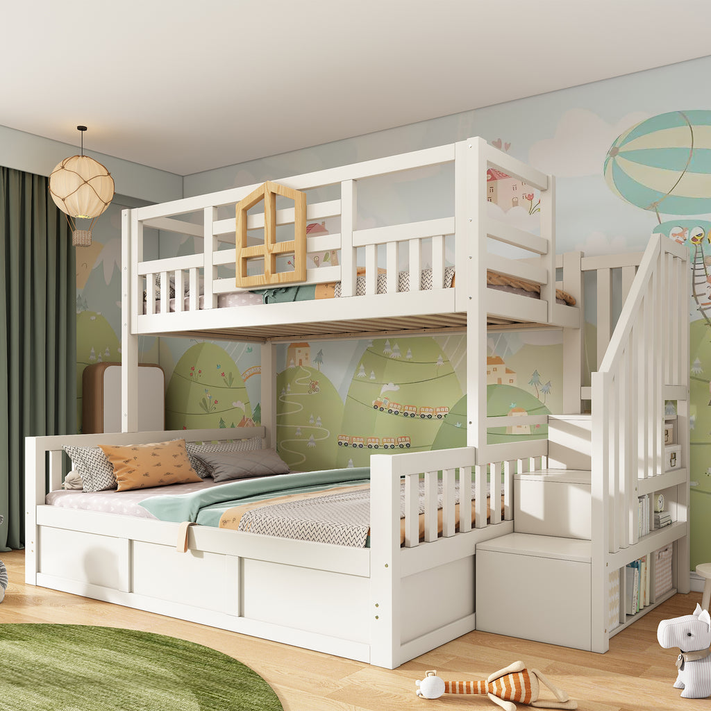 Bunk Beds for Kids, Staircase Bunk with Hydraulic Storage, Children's Bed with Storage Cube, Double Bunk Bed for Family with Multiple Children, (90+135) x 190 cm, Solid Wood, White
