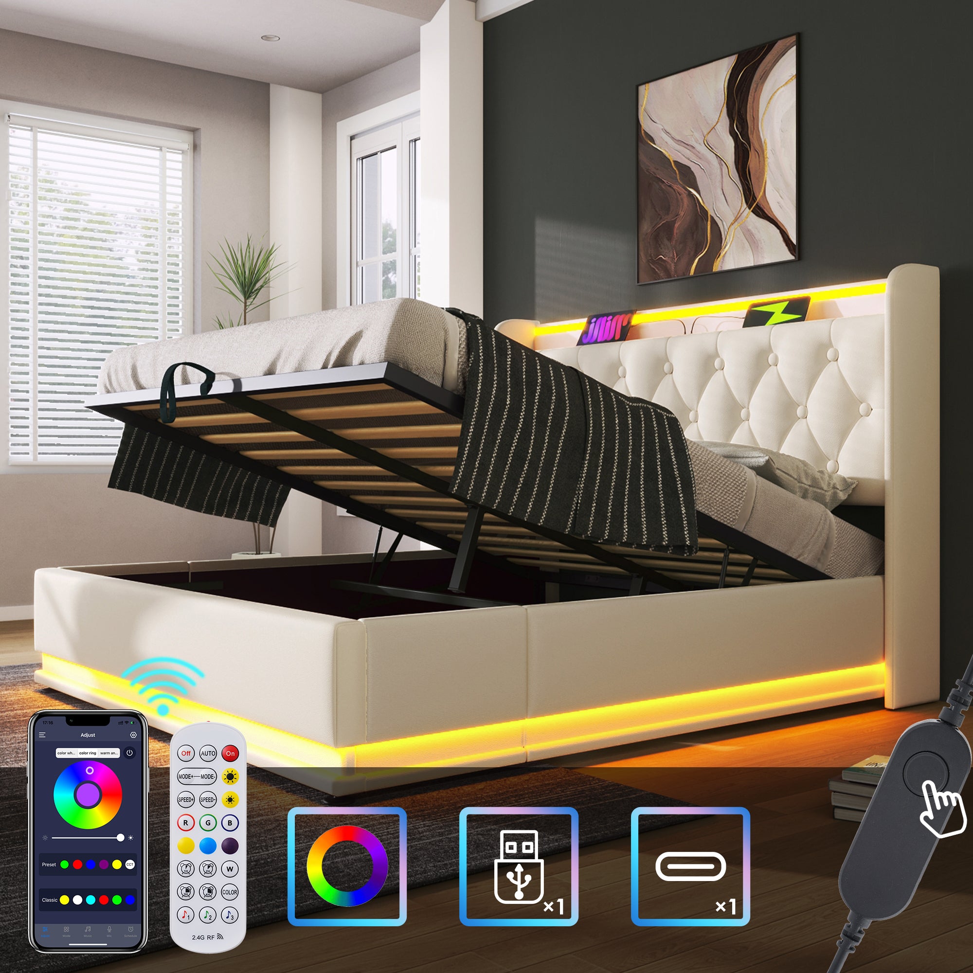 Upholstered King Ottoman Bed with 360 Surround Led Function,Hydraulic Storage Bed Frame with Large Storage Space, 5ft King size Bed Frame with Charging Function,150x200 ,PU, White (No Mattress)