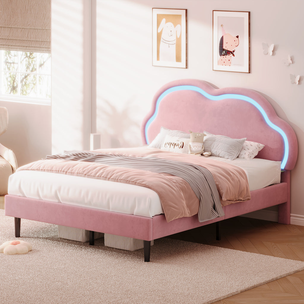 4ft6 Double Upholstered Bed with LED Adjustable Cute Cloud Headboard, Soft Velvet Bed Frame with Solid Wood Slat, No Box Spring Needed, Easy Assembly, Pink (No Mattress)