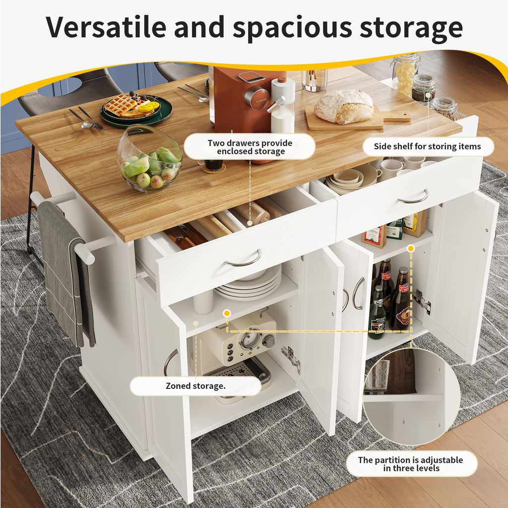 Rolling Kitchen Island Storage Trolley with Large Cabinet, 2 Drawers, Adjustable Shelf, Spice&Towel Rack, Sideboard Cupboard Cabinet Cart, Dining Room Organiser , White