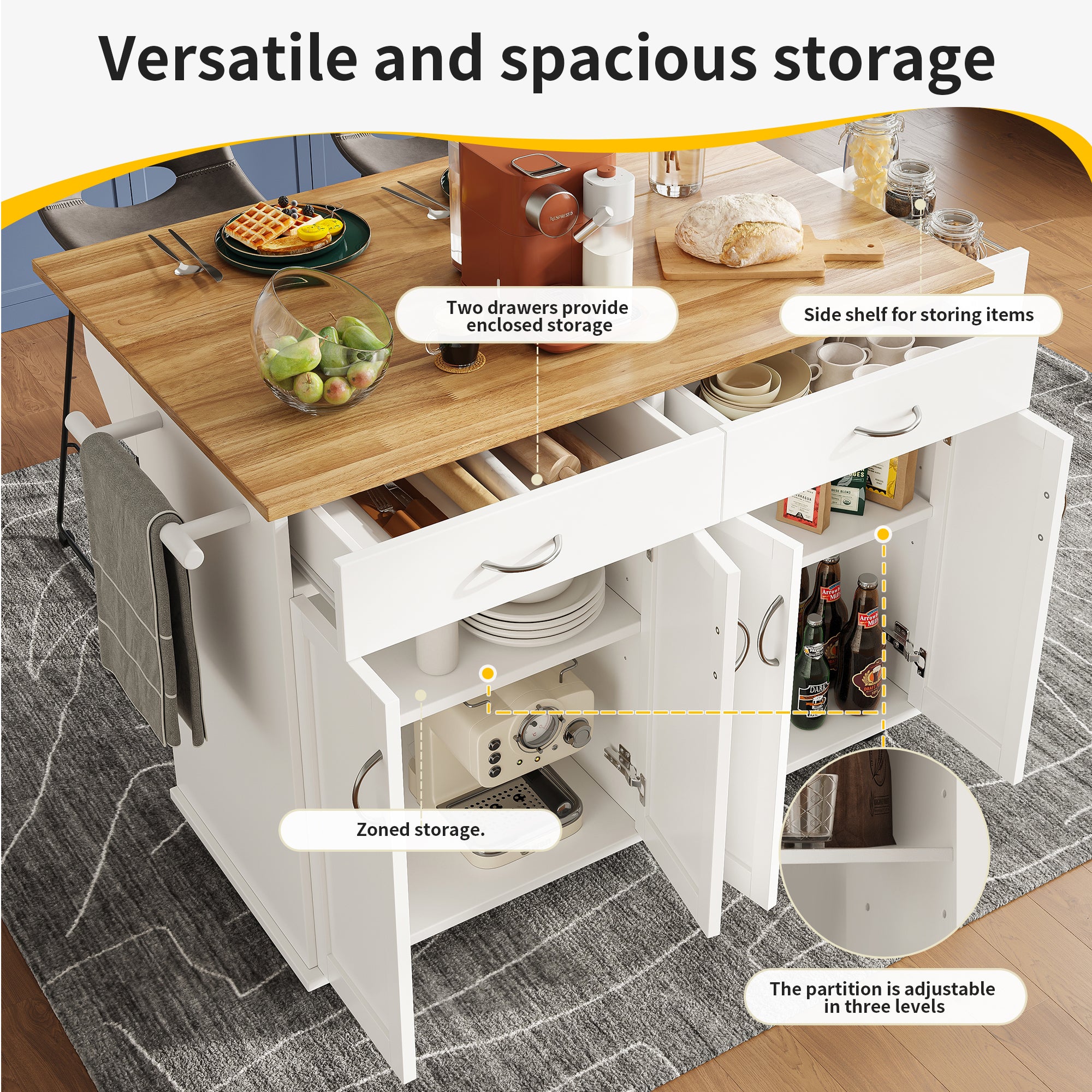 Rolling Kitchen Island Storage Trolley with Large Cabinet, 2 Drawers, Adjustable Shelf, Spice&Towel Rack, Sideboard Cupboard Cabinet Cart, Dining Room Organiser , White