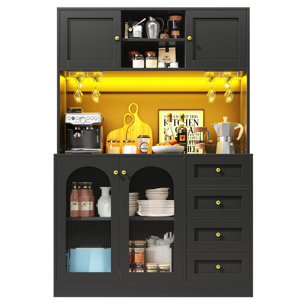 Sideboard / Storage Cabinet / Kitchen Cabinet / Buffet Cabinet, 120x40x188cm, Farmhouse Style, 4 Doors, with LED Light Strip & Drink Holders, Black/White (Fluted Glass Doors)