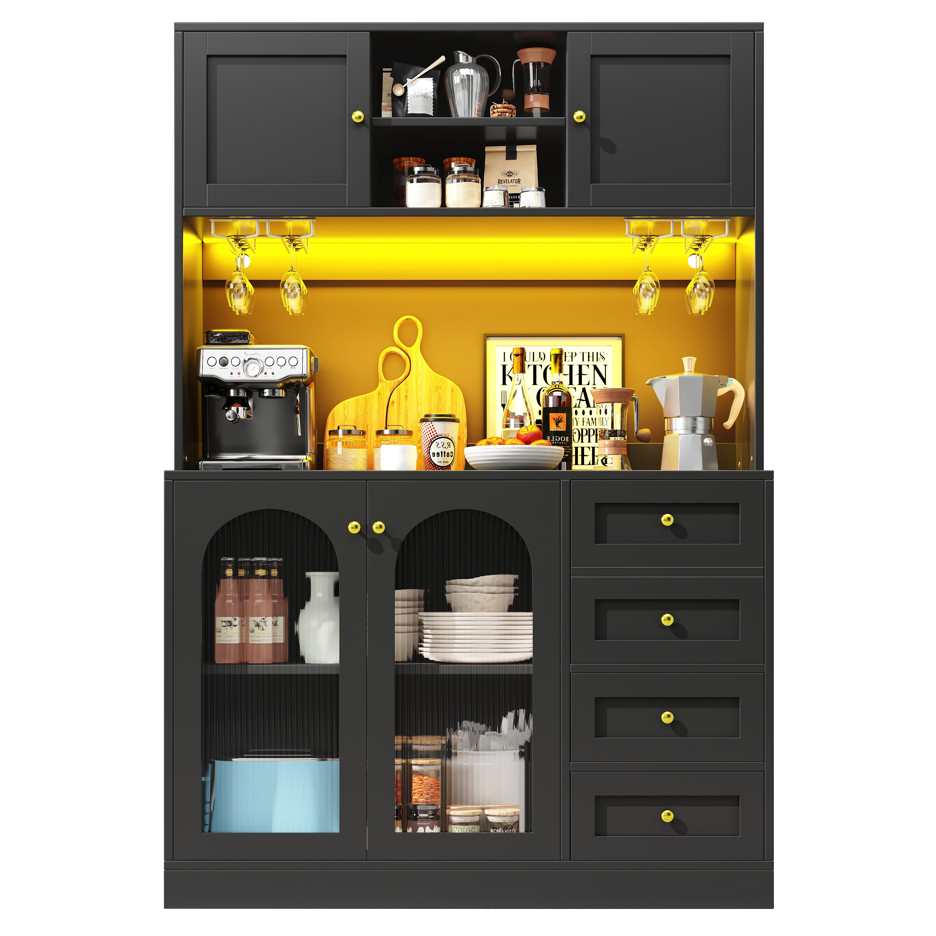 Sideboard / Storage Cabinet / Kitchen Cabinet / Buffet Cabinet, 120x40x188cm, Farmhouse Style, 4 Doors, with LED Light Strip & Drink Holders, Black/White (Fluted Glass Doors)