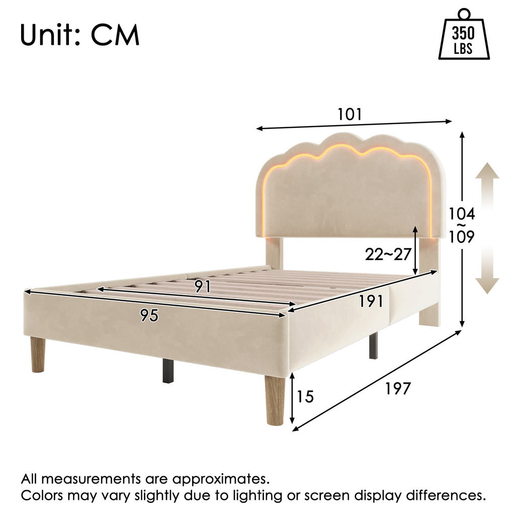 Upholstered Bed, 3ft 90x190cm Single Bed with LED, Bed Frame with Wooden Slats and Adjustable Height Headboard, Teen Bed for Bedroom and Guest Room, Beige, Velvet Material, Without Mattress.
