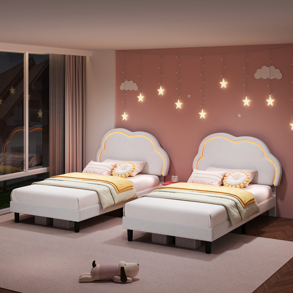 3ft Single Upholstered Bed with LED Adjustable Cute Cloud Headboard, Soft Velvet Bed Frame with Solid Wood Slat, No Box Spring Needed, Easy Assembly, Cream White (No Mattress)