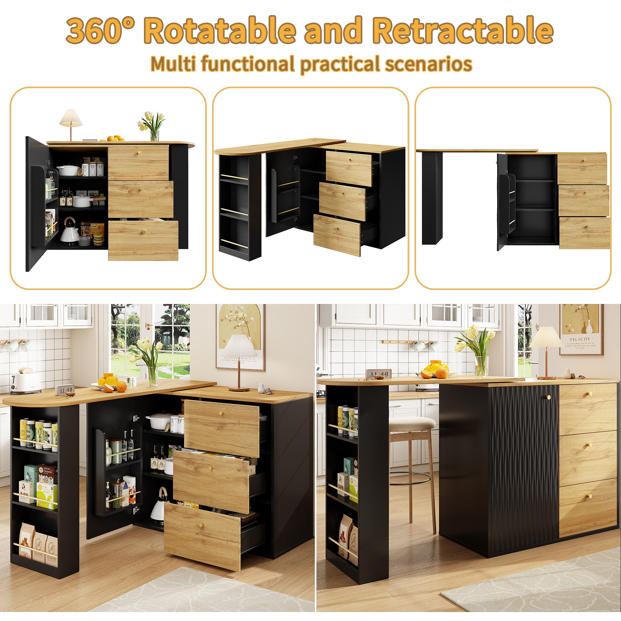 Extendable bar table with storage space (138–204 × 39 × 104 cm), 360° rotating dining bar, modern mobile bar table, high table kitchen island bistro table, sideboard with wood grain finish