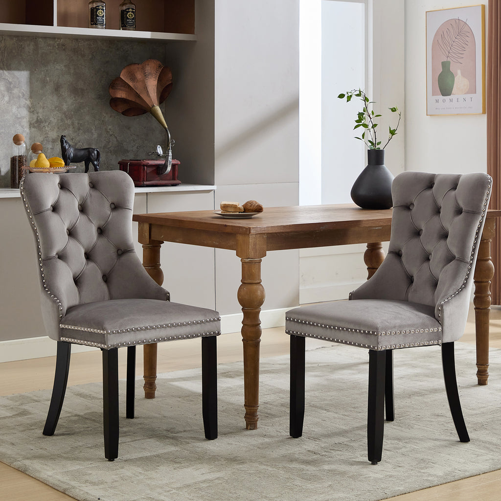 Modern Set of 6 Upholstered Velvet Dining Chairs, Button Tufted Kitchen Lounge Chairs with Solid Wood Legs, Riveted Trim and Knocker Ring, for Dining Room Living Room, Grey