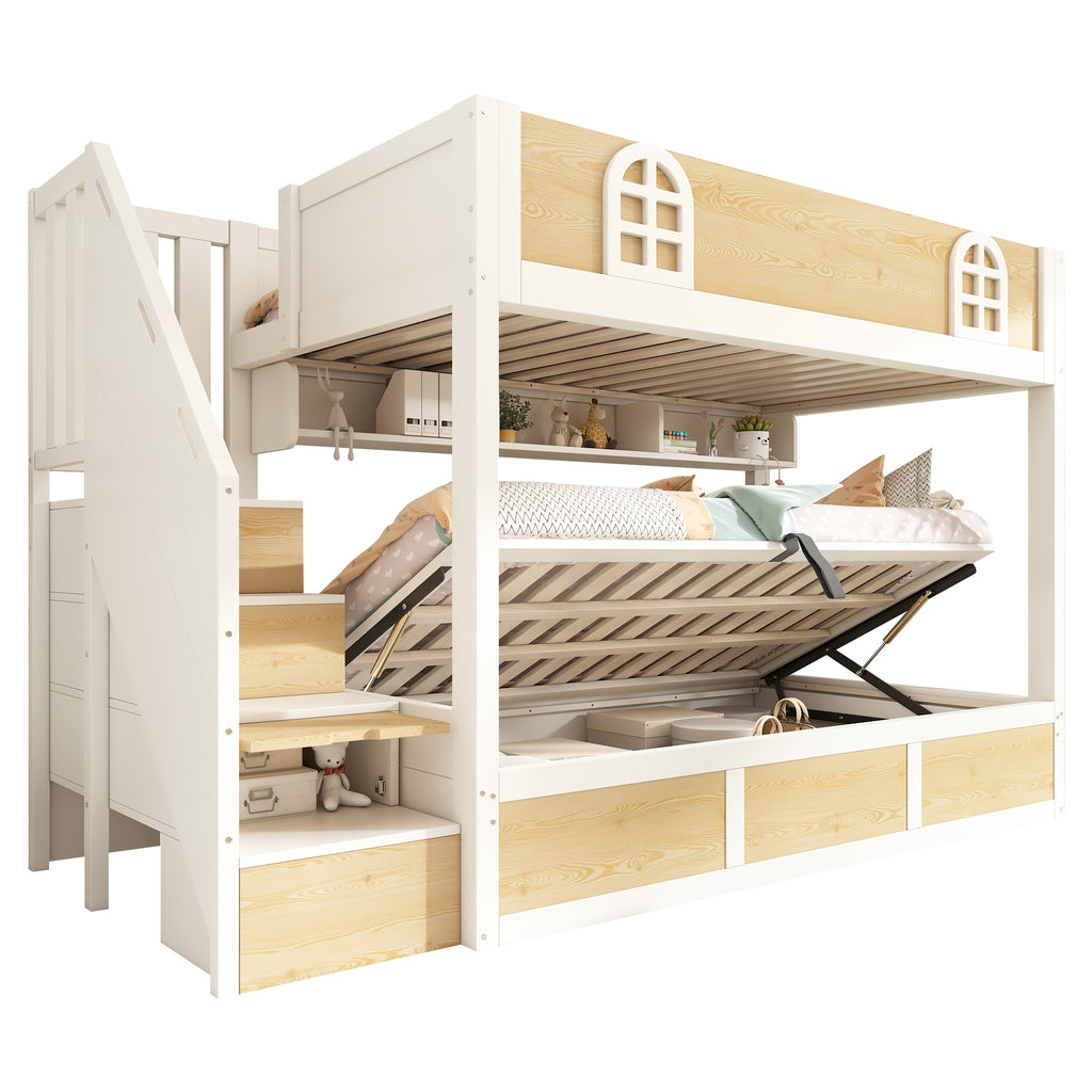 Bunk Beds for Kids, Staircase Bunk with Storage Cube, Children's Bed with Hydraulic Storage, Double Bed High Sleeper for Family with Multiple Children, 90 x 190 cm, Solid Wood, White & Natural
