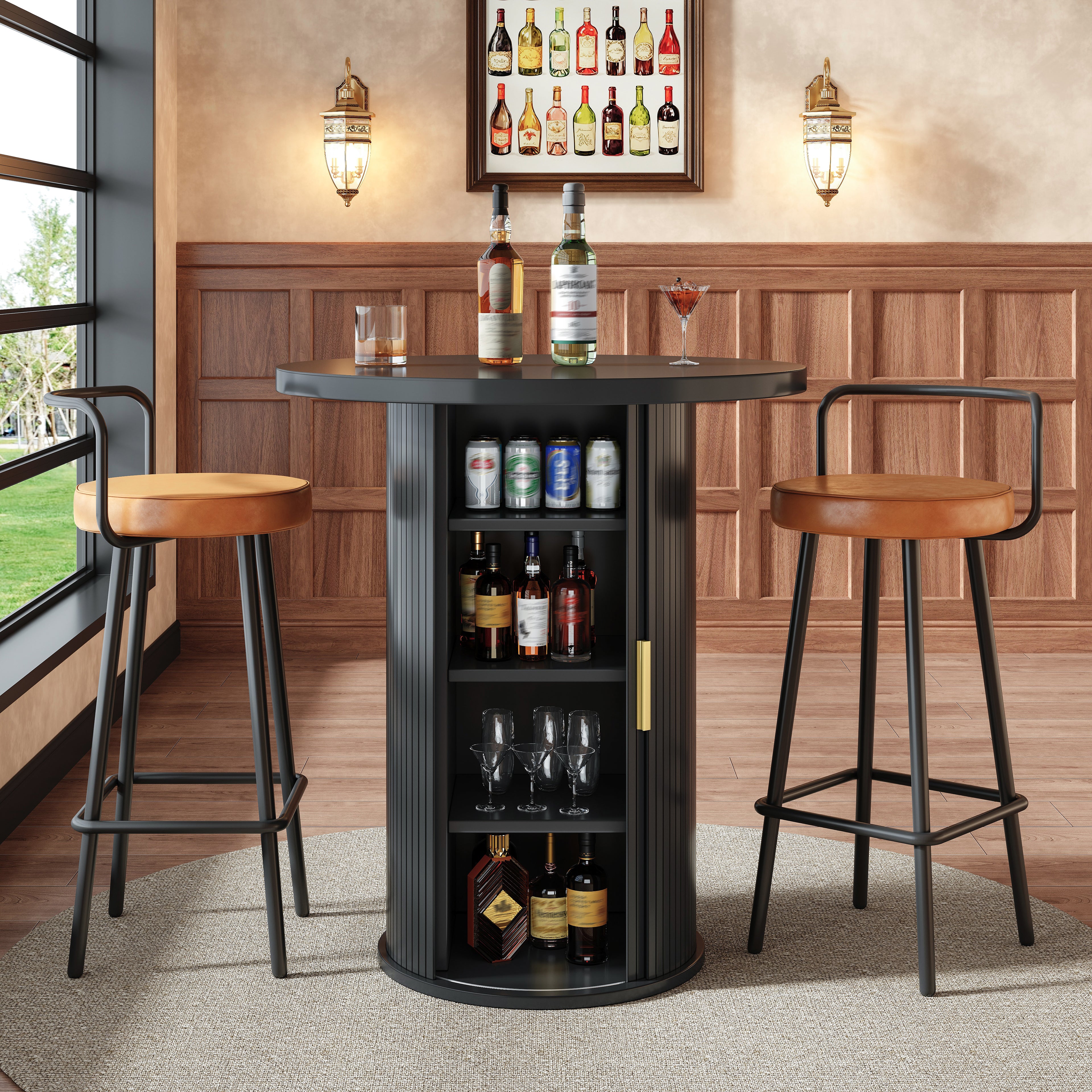 Round bar table with storage, 91.6cm high standing table with cabinet, MDF wood look, load capacity up to 75kg, for bar & living room