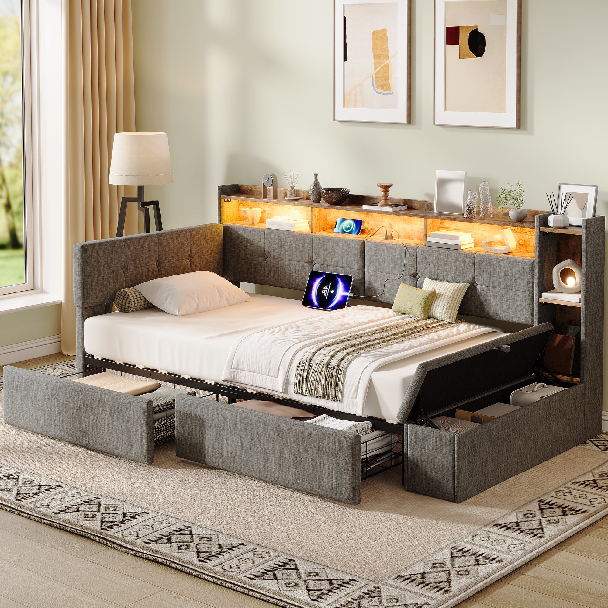 3ft Single LED Daybed with Storage Drawers and Bed End Ottoman Storage, Modern Linen Sofa Bed with Charging Station for Living Room/ Bedroom/ Study Room, 90X190cm, Grey (No Mattress)