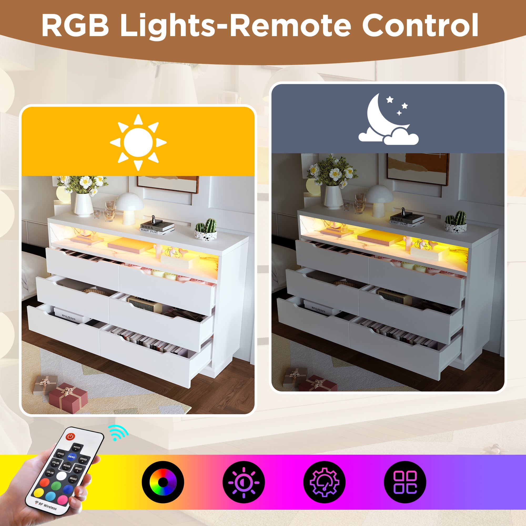 Marbled 6-Drawer Sideboard, Modern Storage Cabinet with RGB LED Lighting & Shelves, Chest of Drawers for Living Room Home Office, 85 x 120 x 40 cm, White