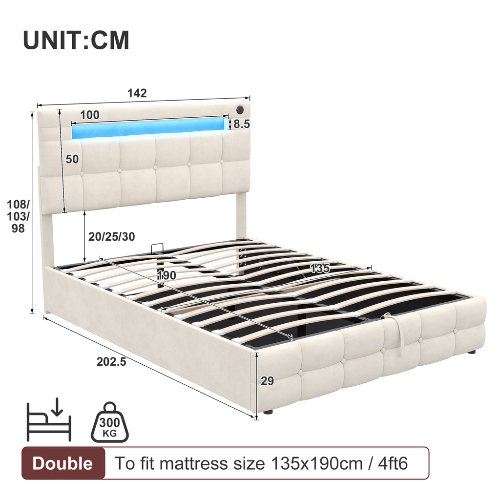 4ft6 Double Upholstered Bed Frame with Hydraulic Storage, Velvet Ottoman Bed with LED Lighting and Charging Station,  Double Bed with Adjustable Button Tufted Headboard, Beige (No Mattress)