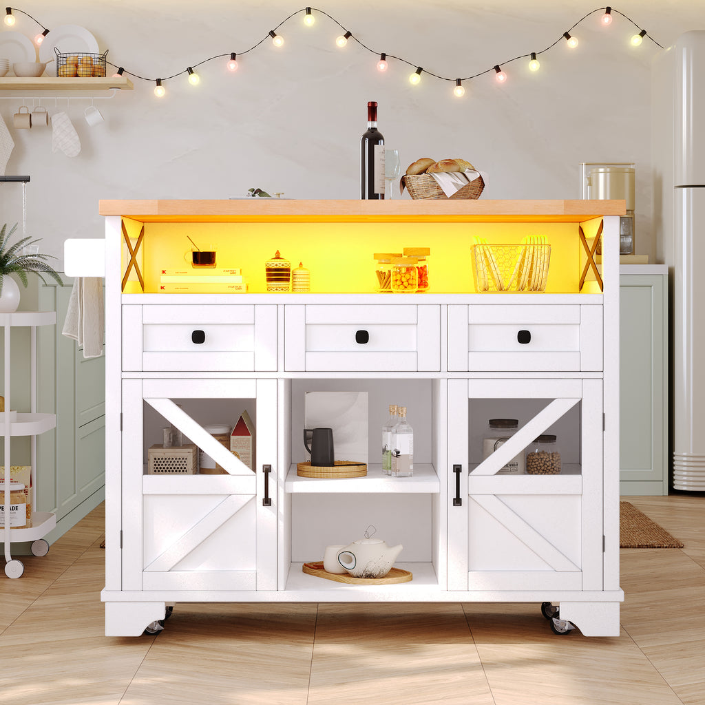 Multifunctional Mobile Kitchen Island Cart - with App-Controlled LED, Drop-Leaf Table, 3 Drawers & 2 Doors, Bar Sideboard with Storage