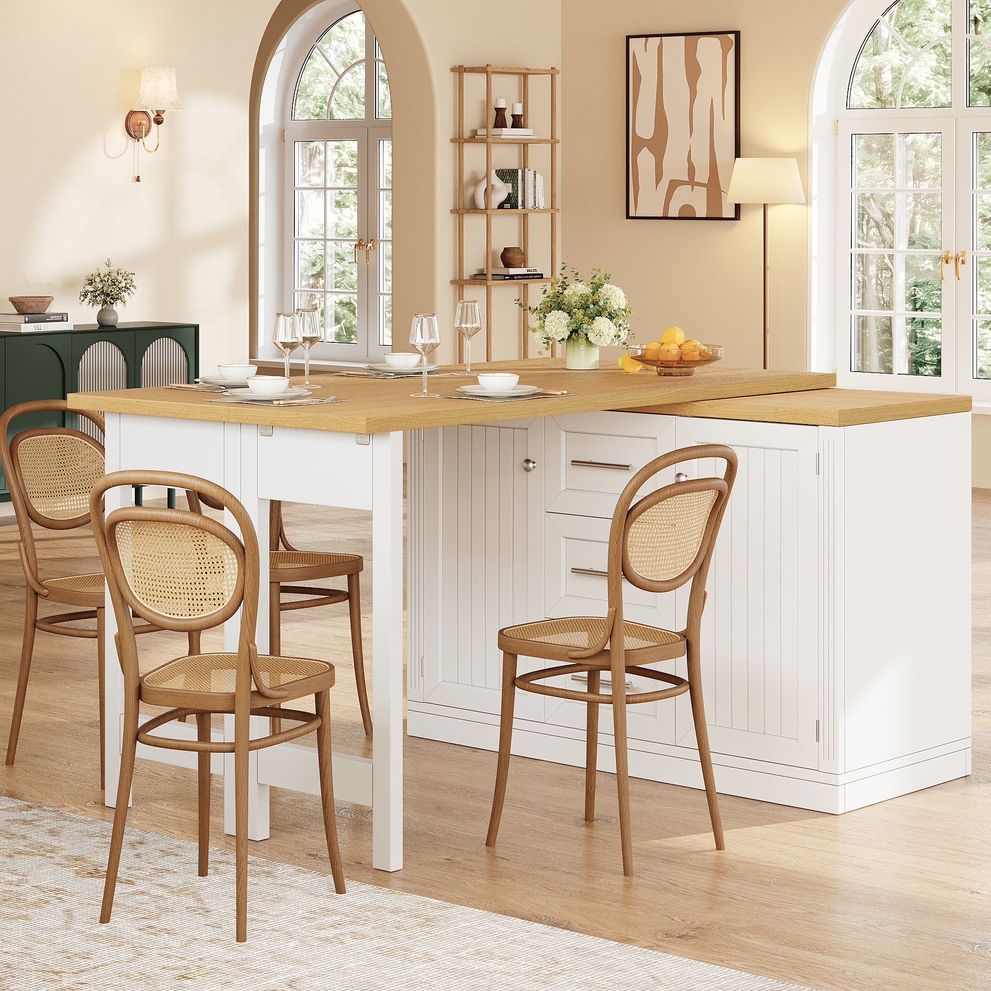 Extendable Sideboard & Table Combo, 120-180 cm Adjustable Dining Table with Storage, 3 Drawers & Snack racks, Space-Saving kitchen island for Small Flats, White/Antique Green