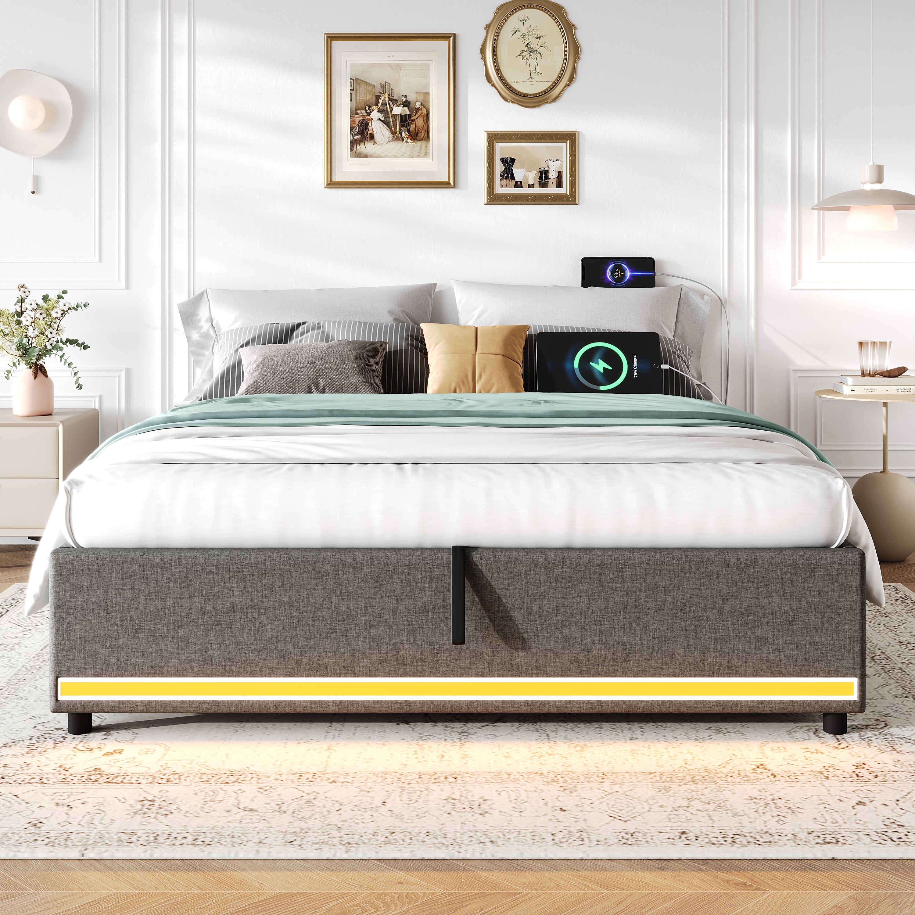 4ft6 Double Hydraulic Storage Bed, No Headboard Linen Bed Frame with APP Control LED Lights, Side Charging Station, Side Pockets, Grey (No Mattress)