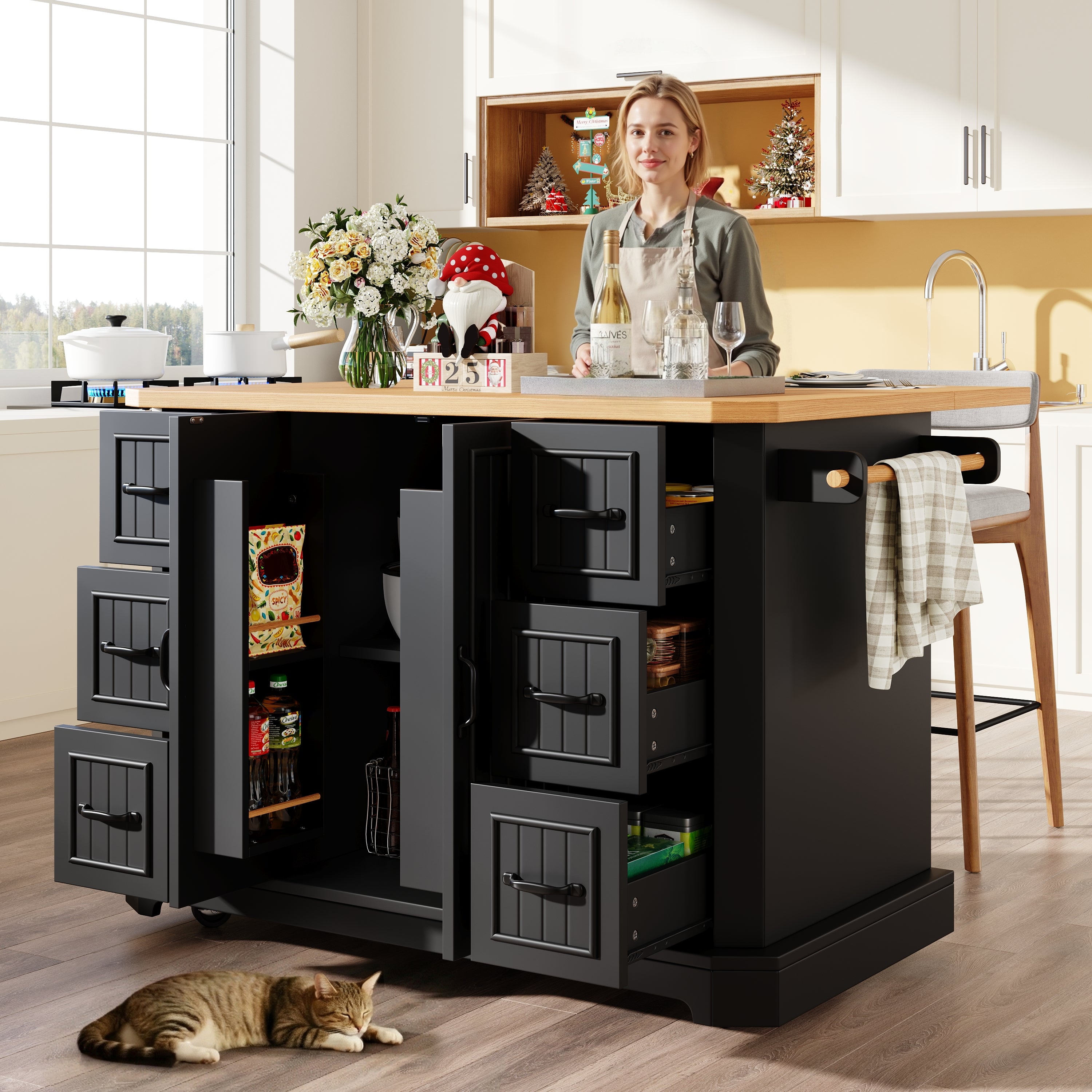 Mobile Kitchen Island Cart on Wheels - Cabinet with 2 Doors & 6 Drawers, Adjustable Width 45-75cm, White/Black