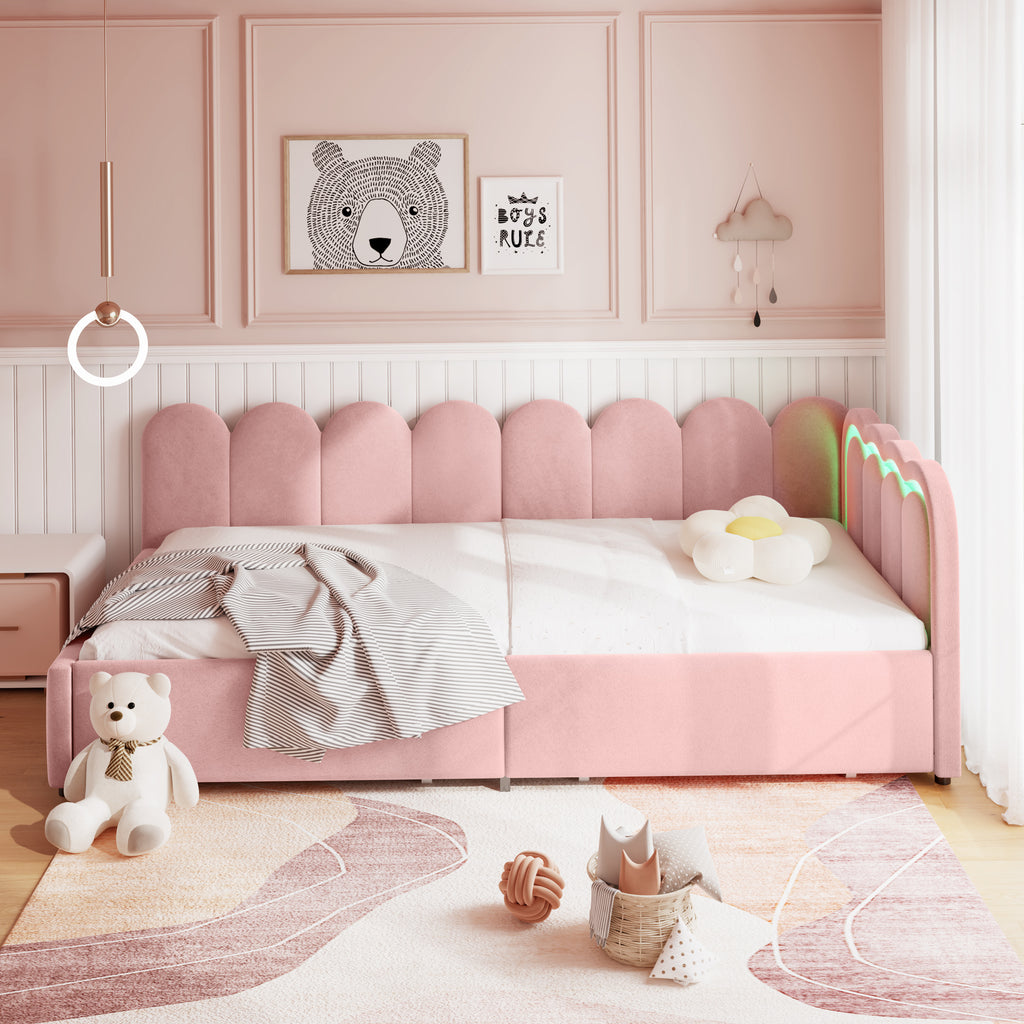 3ft Single Daybed with Smart RGB LED Lights and 2 Storage Drawers, Modern Velvet Youth Bed with Scalloped Backrest and Wooden Slats, Reversible Side Panel, Easy Assembly, Pink (No Mattress)