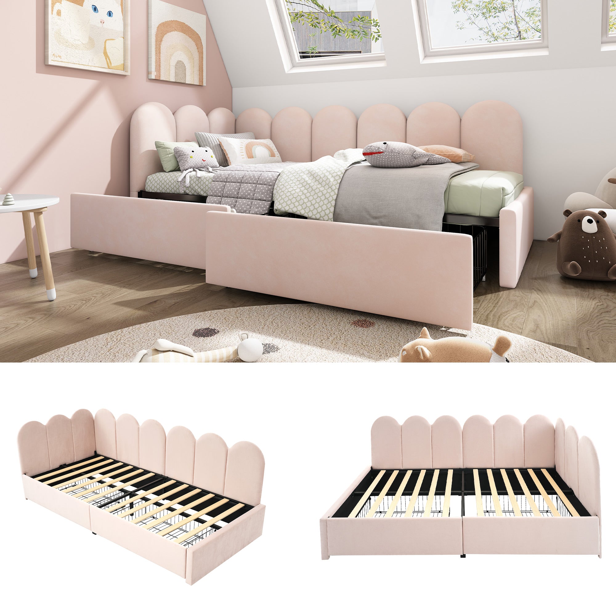 Upholstered Bed Daybed With Drawers Storage,3FT Single Sofa Bed 90X190cm, Sofa Bed For Adults and Children , Bed Frame With Slatted Frame, Velvet, Pink (No Mattress)