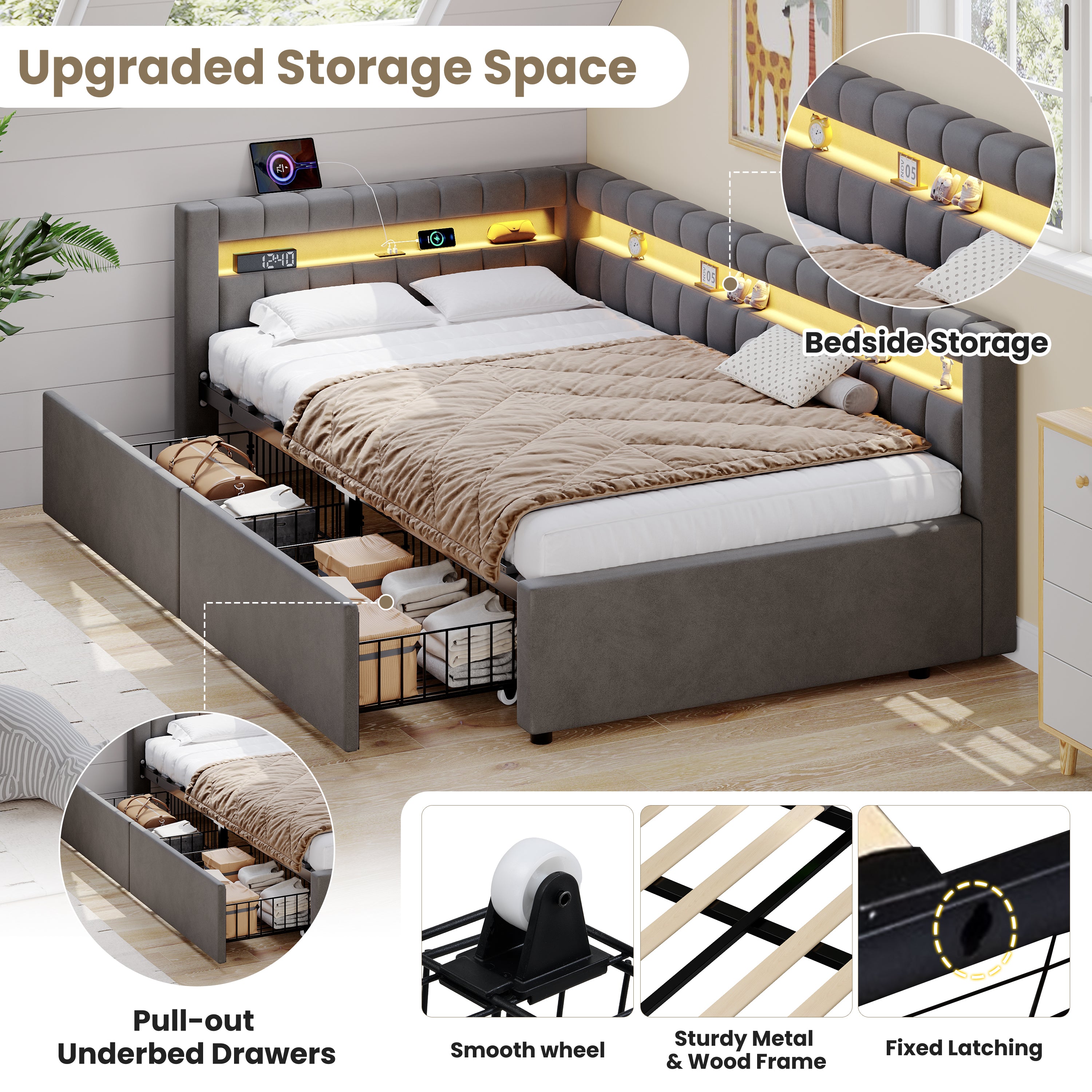 3ft Single Daybed with Two Storage Drawers, LED Modern Channel Tufted Bed Frame with Charging Station, Velvet Sofa Bed for Living Room/ Bedroom/ Study Room, 90X190cm, Easy Assembly, Grey(No Mattress)