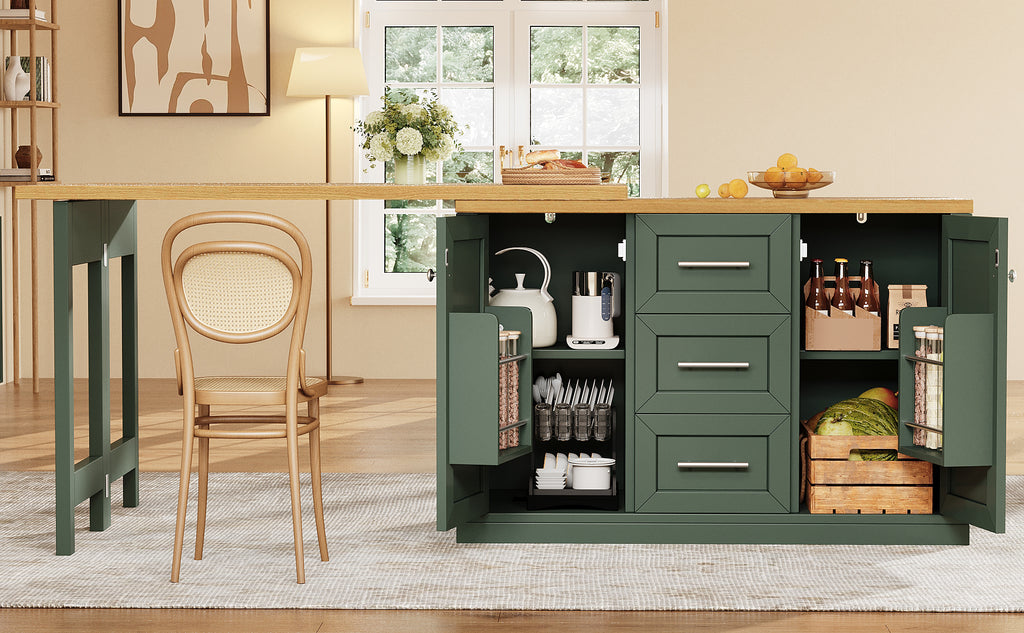 Extendable Sideboard & Table Combo, 120-180cm Adjustable Dining Table with Storage, 3 Drawers & Snack racks, Space-Saving kitchen island for Small Flats, White/Antique Green