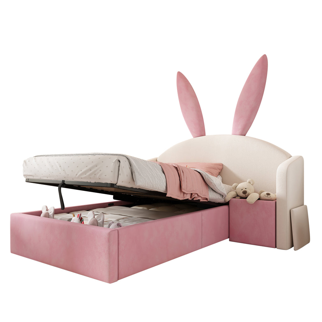 Bunny Ears Kids Bed, Single Upholstered Bed with Hydraulic Storage & Nightstand, Children Bed Frame for Girls Bedroom, 90 x 190 cm, Beige & Pink, No Mattress