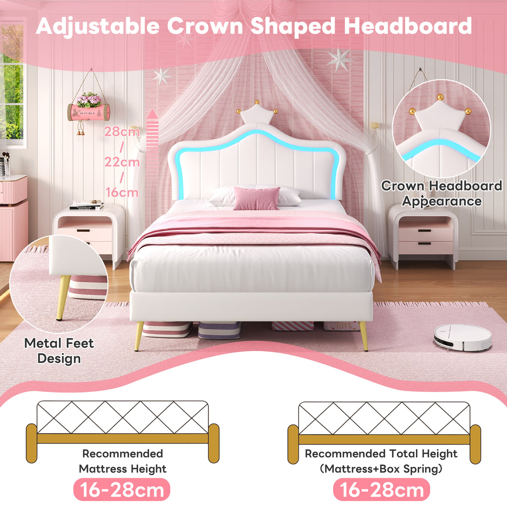 3ft Single Upholstered Bed with LED Adjustable Crown Shape Headboard, PU Leather Bed Frame with Solid Wood Slat, No Box Spring Needed, Easy Assembly, Cream White (No Mattress)