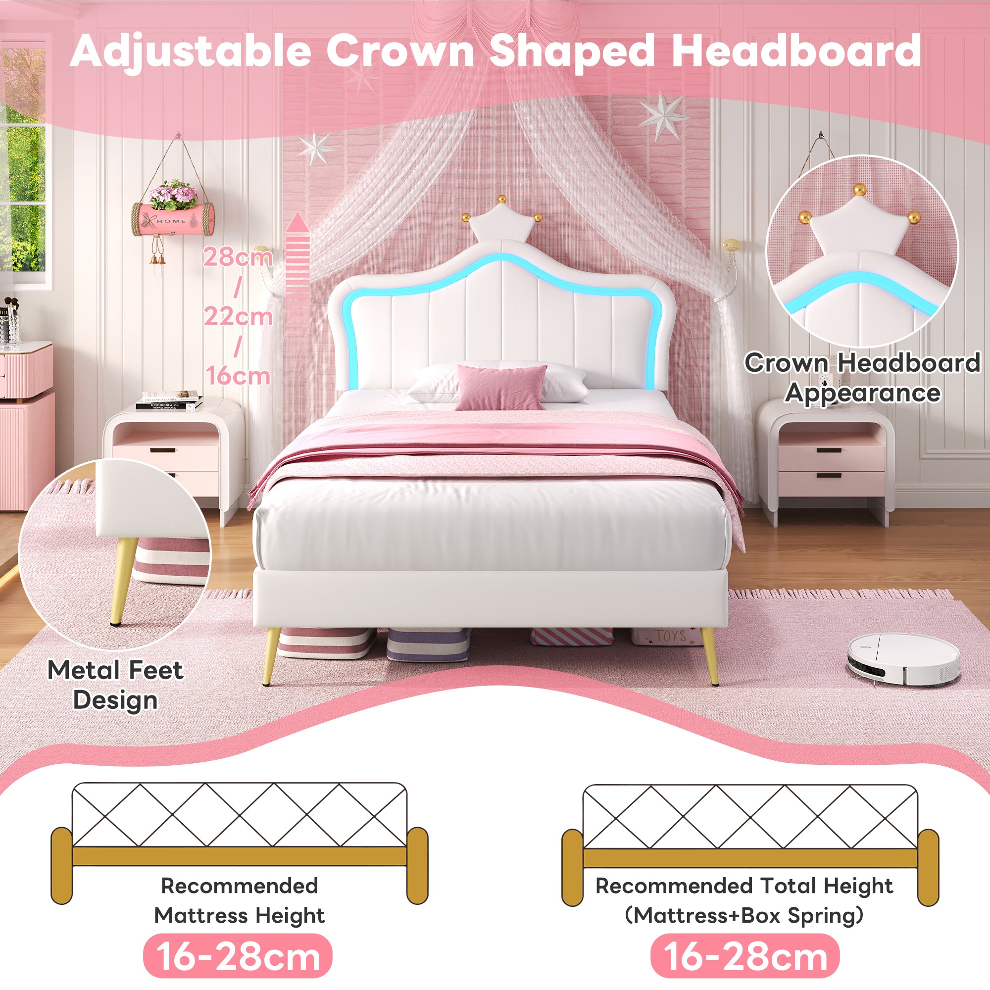 3ft Single Upholstered Bed with LED Adjustable Crown Shape Headboard, PU Leather Bed Frame with Solid Wood Slat, No Box Spring Needed, Easy Assembly, Cream White (No Mattress)