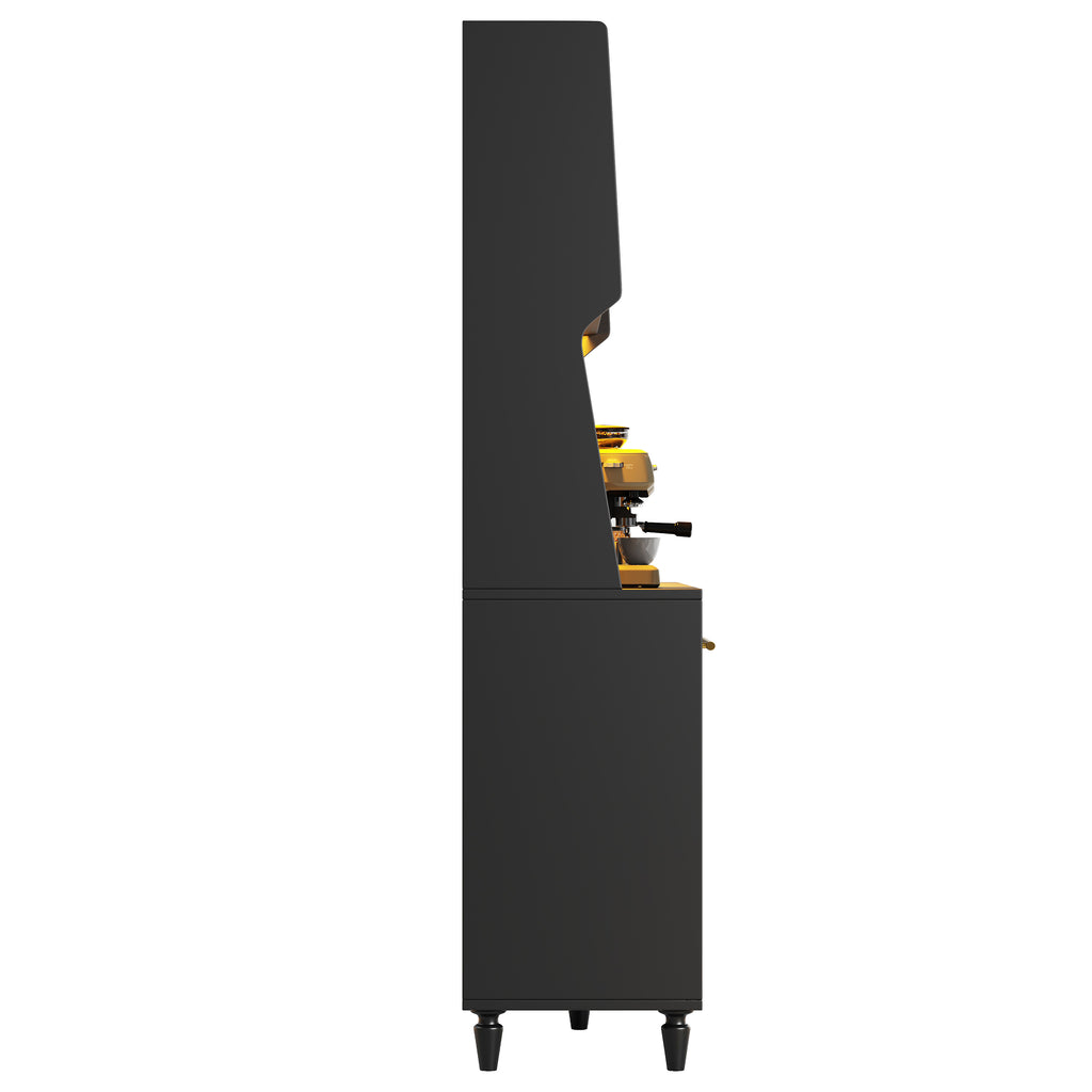 Kitchen Cabinet(120*45*195.5 cm), Tall Cabinet, Display Cabinet, Buffet Cabinet with Adjustable Shelves, Dining Room Cabinet with 3 Drawers, Sideboard with LED Lighting, PE Rattan, Black