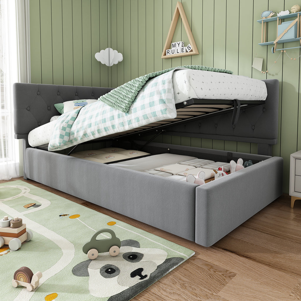 Daybed Upholstered Bed with Storage, 3FT Single Sofa Bed 90 x 190 cm, Ottoman Bed with Hydraulic Storage, Metal Slatted Bed Frame, Velvet, Grey (No Mattress)