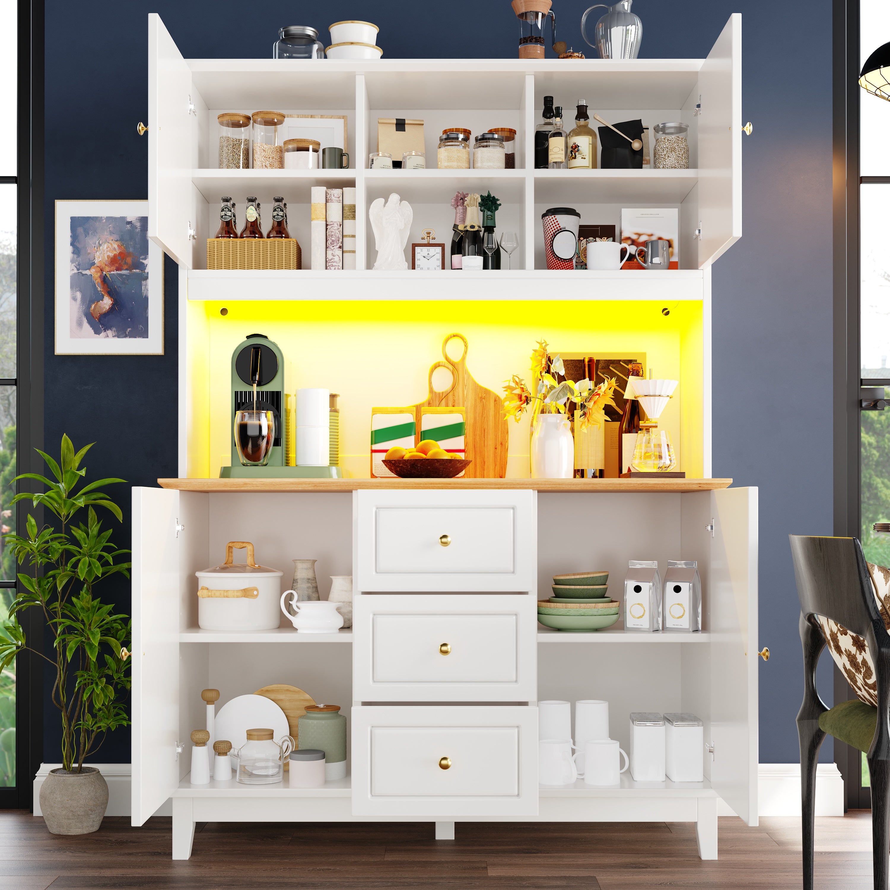 Pantry Cabinet with App Controlled LED Lights, 180cm Tall Kitchen Buffet Sideboard with 3 Drawers & Adjustable Shelves, Freestanding Storage Hutch for Dining Room & Kitchen