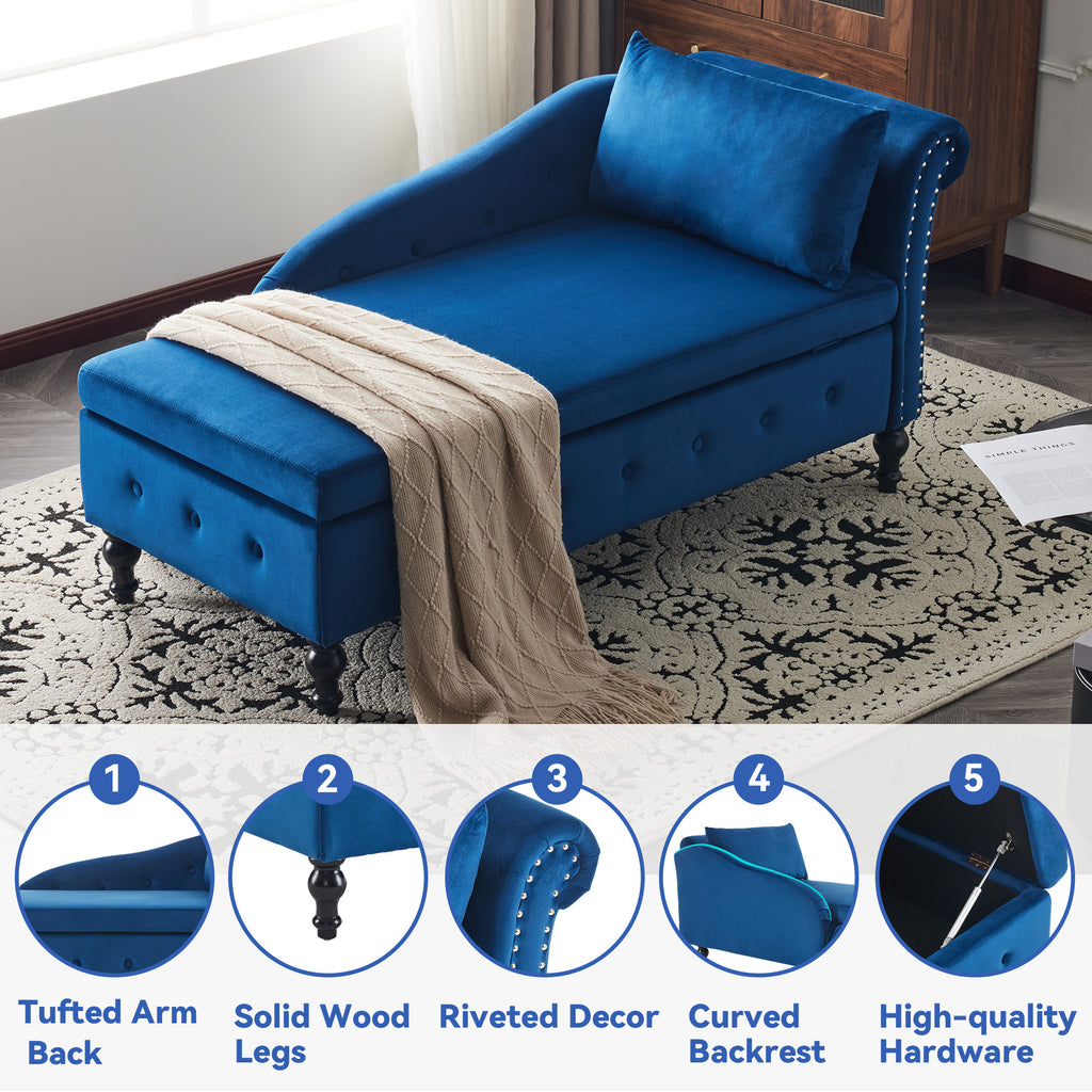Velvet Chaise Lounge Sofa with Storage, Upholstered Chaise lounge Couch with Pillow for Living Room, Modern Nailhead-Trim & Button-tufted Lounge Chair, Bedroom and Office, Right Armrest