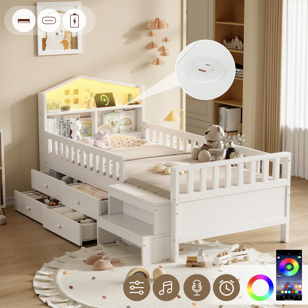 3ft Single Wooden Bed Frame with Step Stool, LED House-shaped Storage Headboard with Drawer Storage, USB and Type - C Ports, No Box Spring Needed, White (No Mattress)