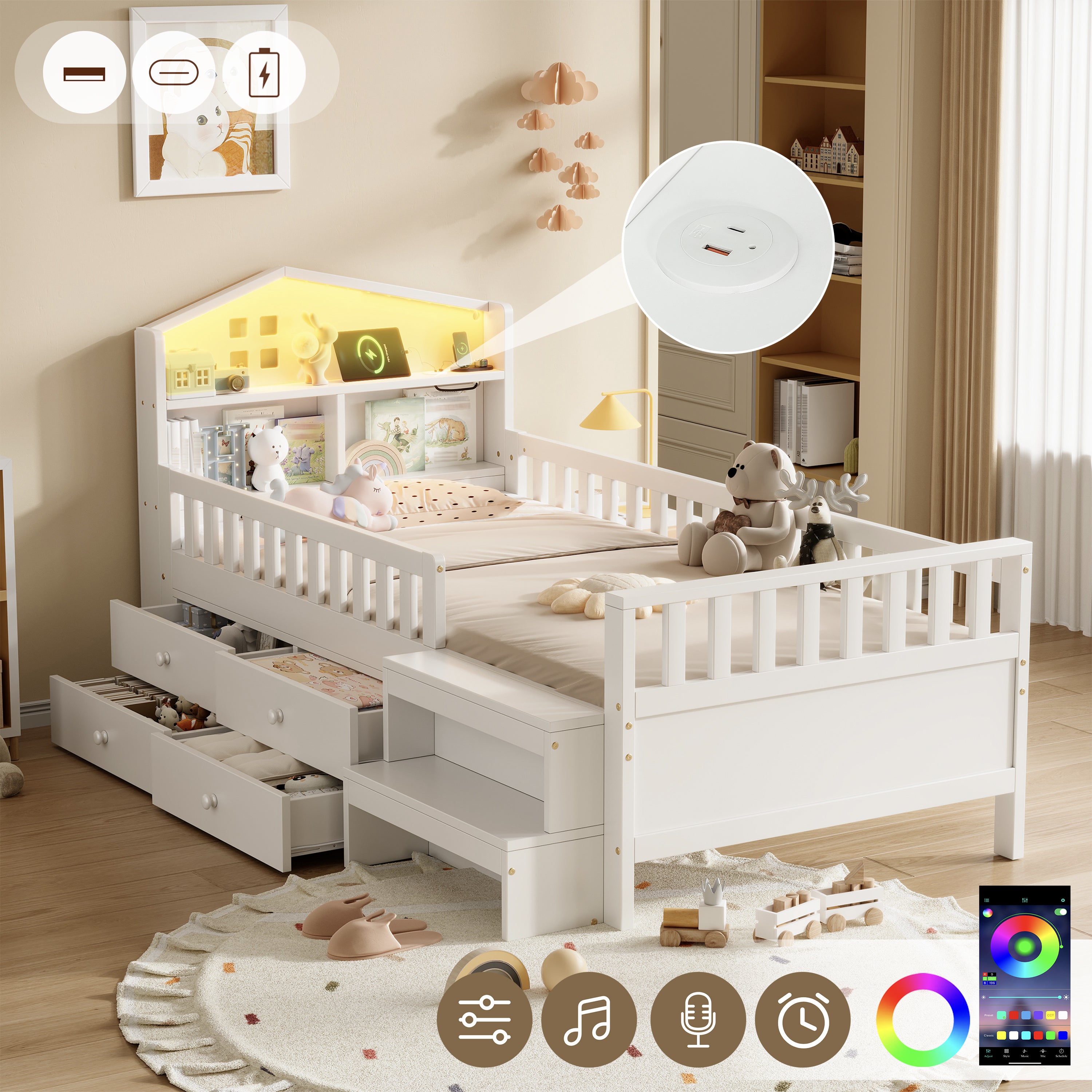 3ft Single Wooden Bed Frame with Step Stool, LED House-shaped Storage Headboard with Drawer Storage, USB and Type - C Ports, No Box Spring Needed, White (No Mattress)