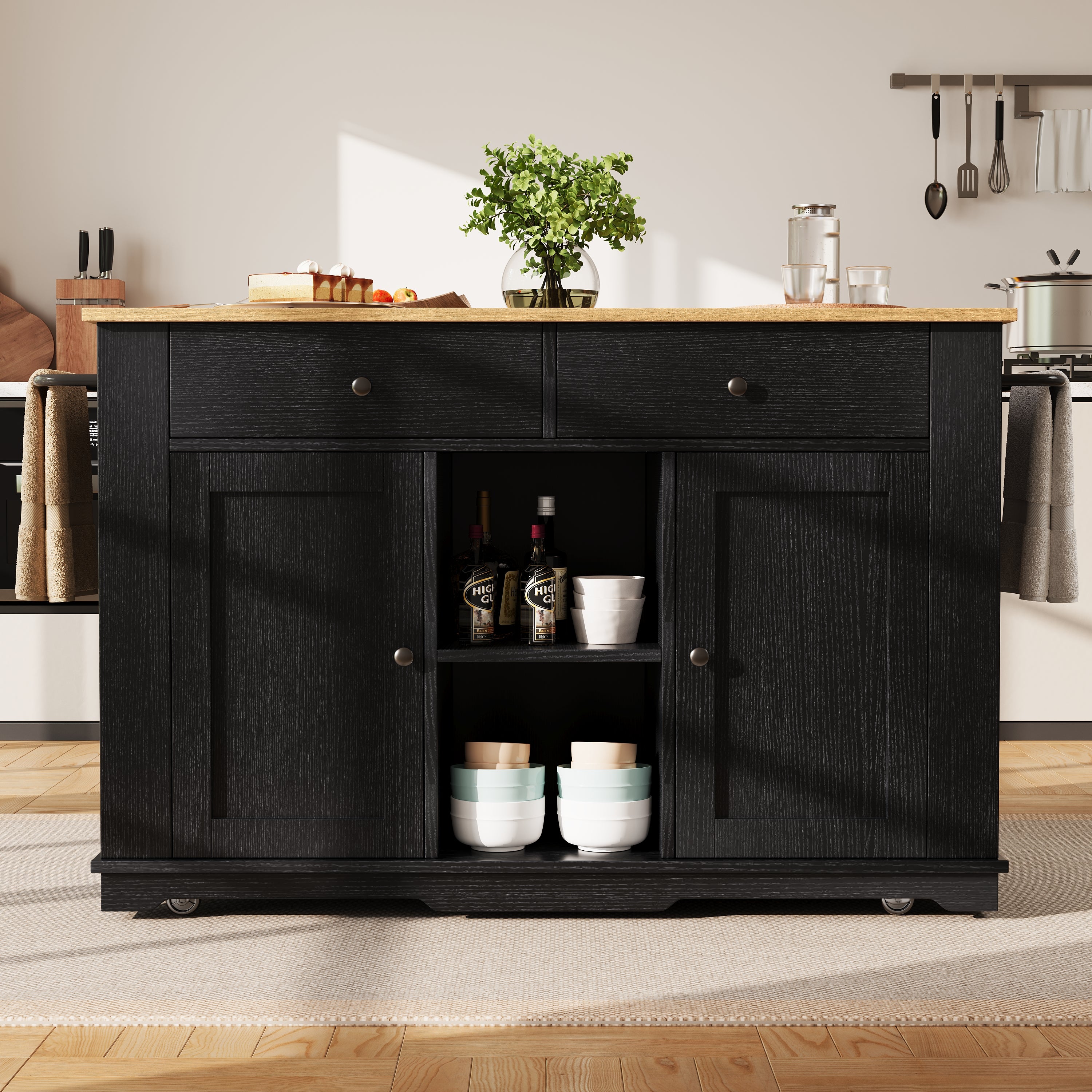Kitchen island, kitchen trolley equipped with power strip, kitchen cabinet, serving trolley with worktop, buffet cabinet, dining trolley with wood grain, black