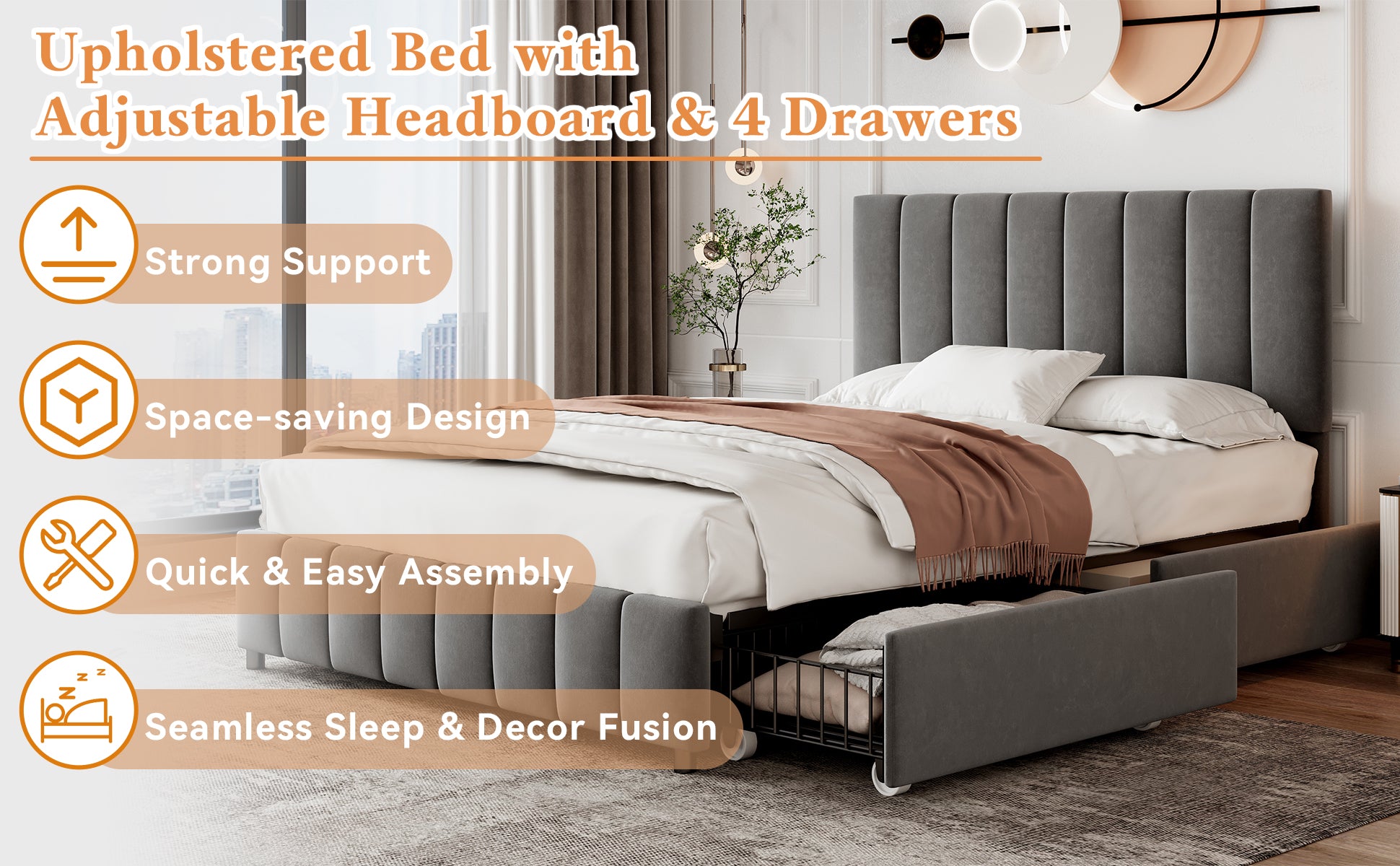 4ft6 Double Upholstered Bed with 4 Storage Drawers, Velvet Platform Bed Frame with Adjustable Channel Tufted Headboard, Metal-Wood Support, No Box Spring Needed, Easy Assembly, Grey (No Mattress)