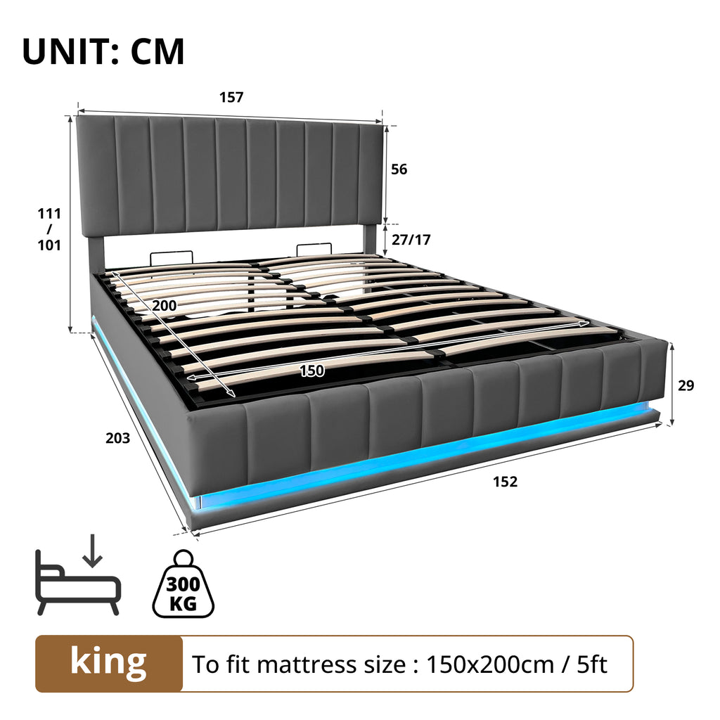 Ottoman King Bed with LED Lighting, PU Leather Upholstered Bed with Hydraulic Storage, 5ft King Bed Frame with Adjustable Channel Tufted Headboard, No Box Spring Needed, Grey (No Mattress)