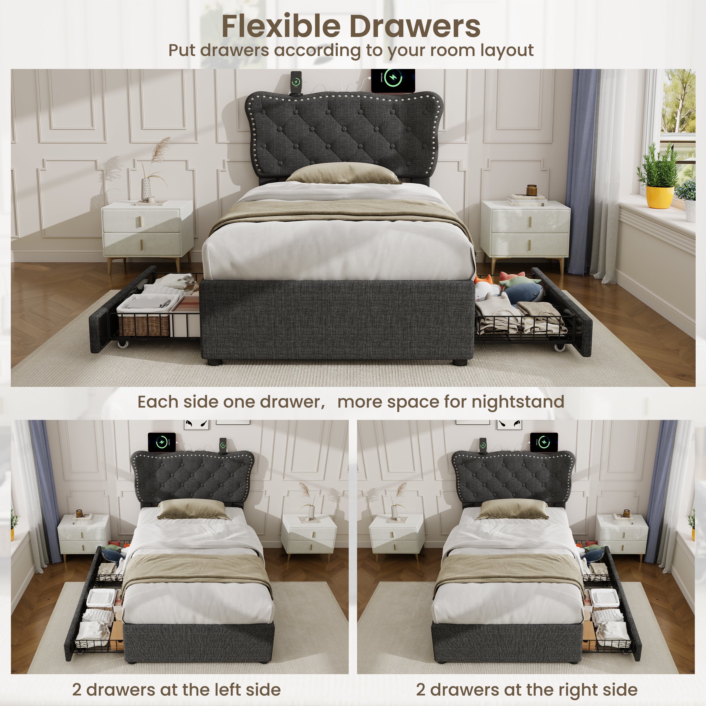 3ft Single Upholstered Bed with Rivet Design and Charging Station, Two Storage Drawers, Adjustable Button Tufted Headboard with USB & Type-C Ports, No Box Spring Needed, Linen, Grey (No Mattress)