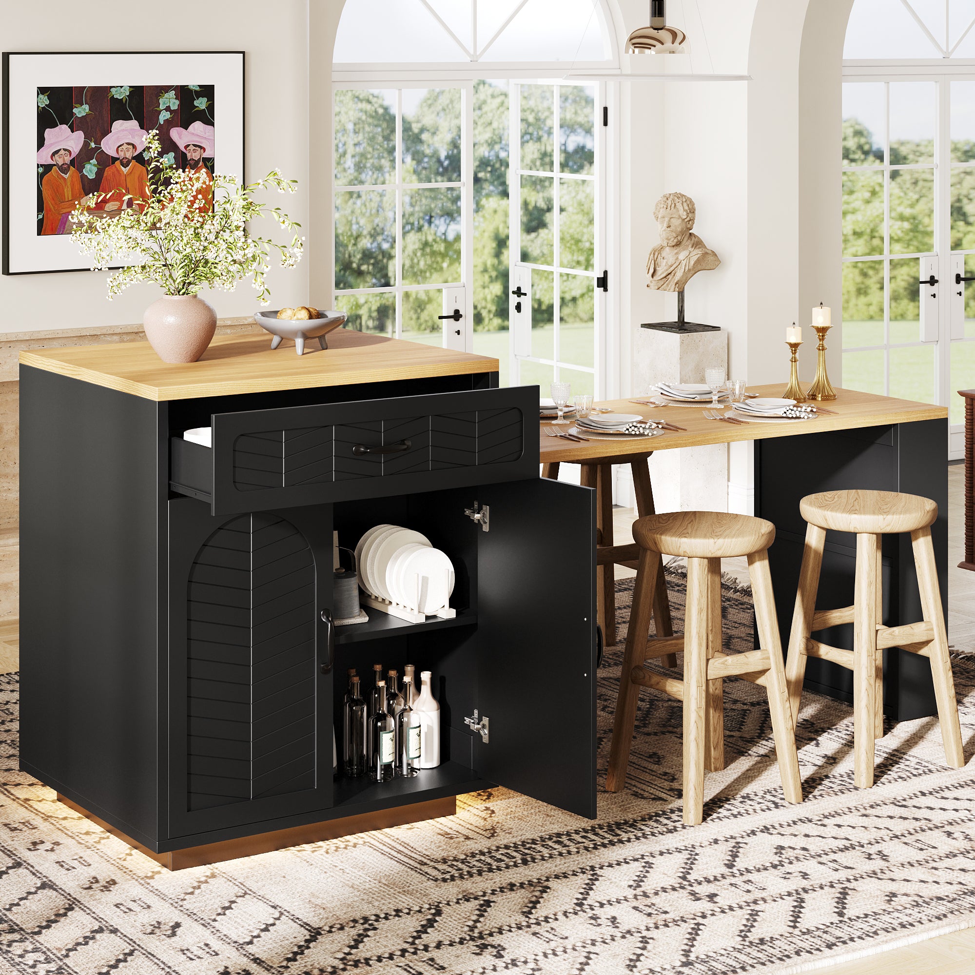 Extendable Kitchen Island with Dining Table, Multifunctional Storage Cabinet with Drawers, Doors, Wine Rack & LED Light, for Kitchen & Dining Room