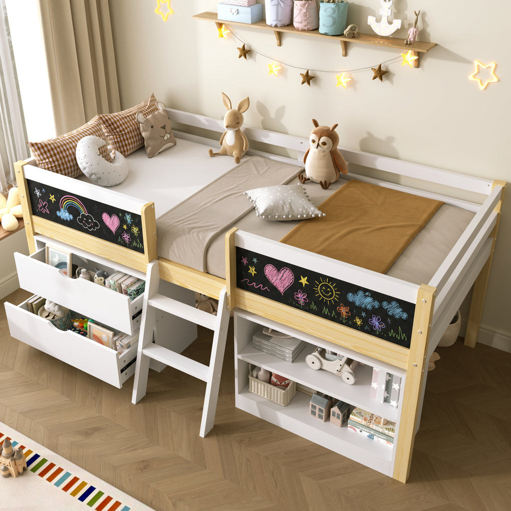 3ft Single Low Loft Bed with Blackboard, Modern Wood Bed Frame with Drawers and Storage Shelves, Under-bed Space, Modern Bed with Safety Guardrail, Saving-space Design, White (No Mattress)