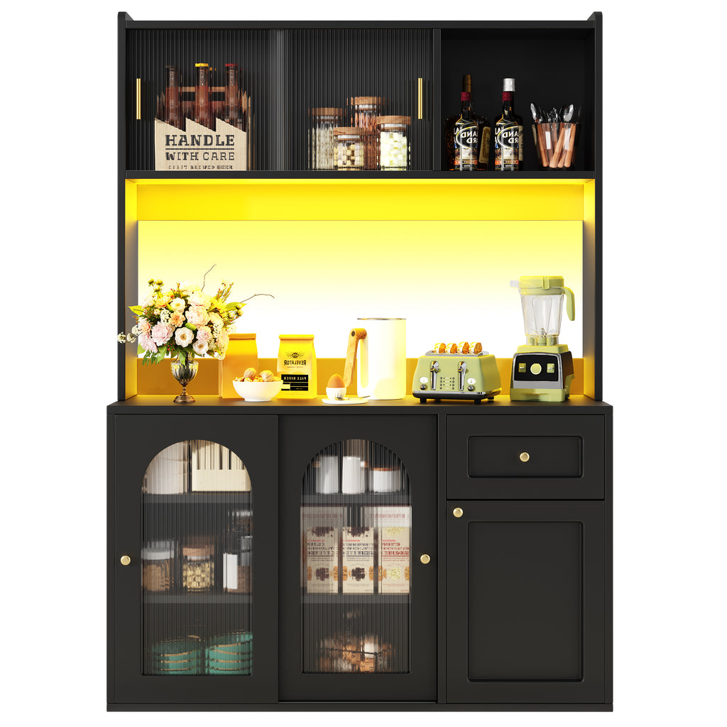 Kitchen Cabinet(120*35*167cm), Tall Cabinet, Display Cabinet, Buffet Cabinet with Adjustable Shelves, Dining Room Cabinet, Sideboard with LED Lighting, White/Black