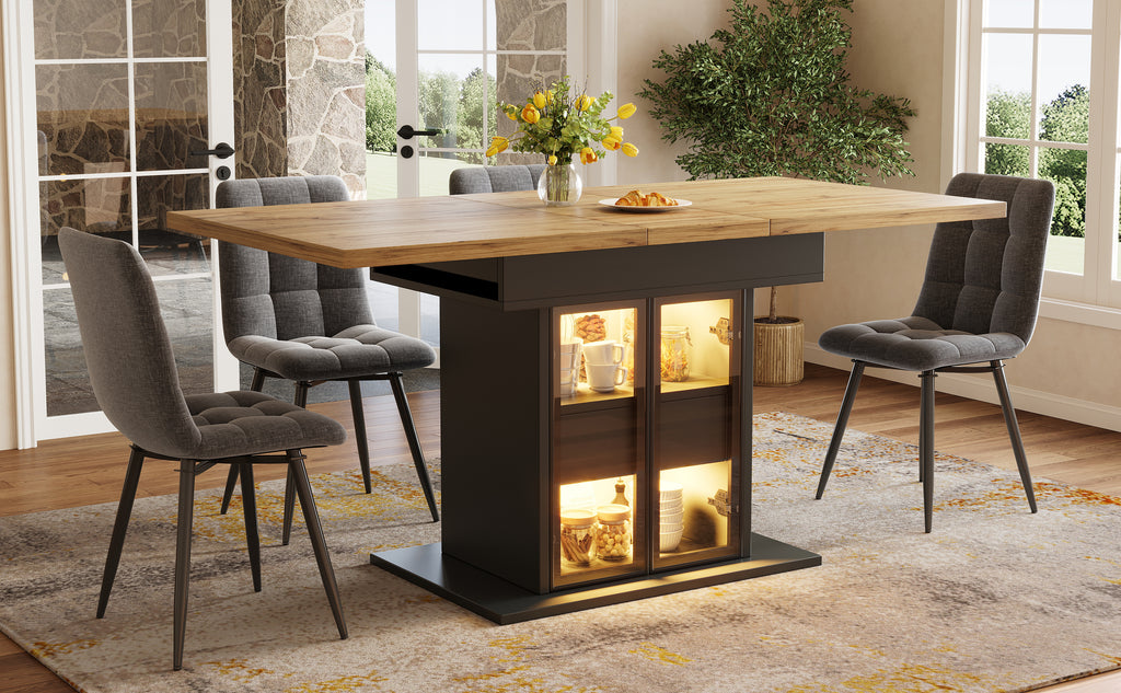 Extendable dining table with storage space & RGB LED lighting, 110–140cm, glass sliding doors & concealed push handles, white/black