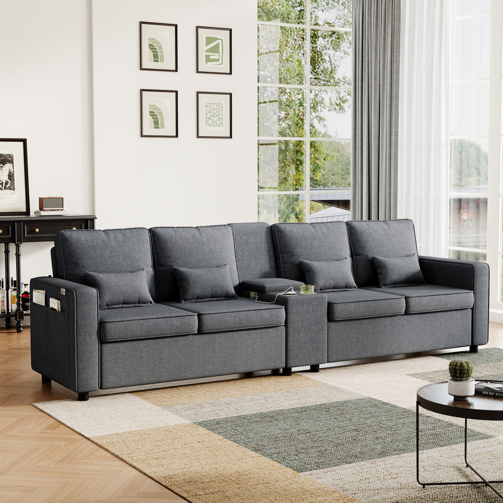4-Seater Modern Sofa with Storage Console, Minimalist Style Couch with Side Pockets, Cup Holders and Charging Ports (USB & Type-C), for Living Room, Apartment, Office,Grey, Linen Fabric