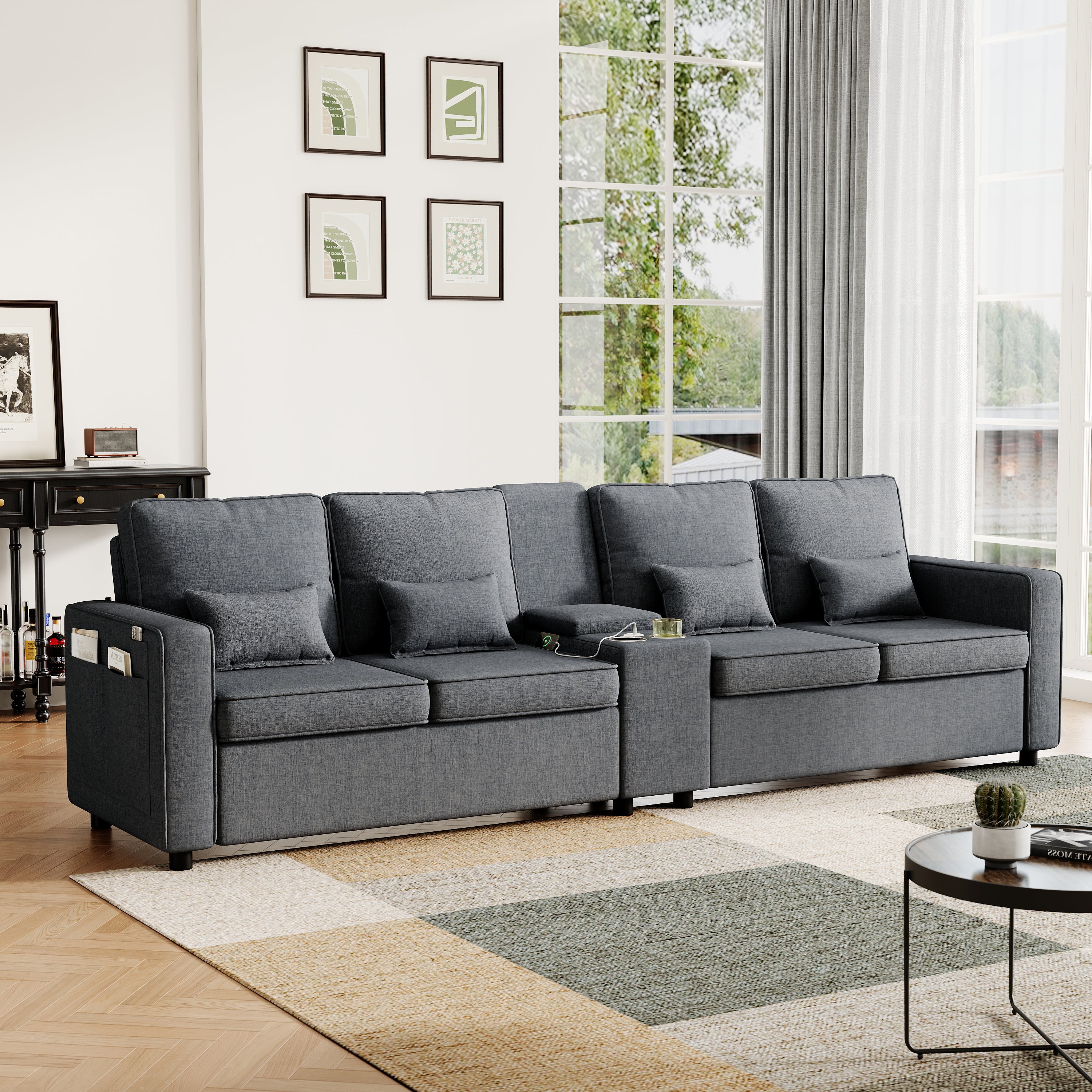 4-Seater Modern Sofa with Storage Console, Minimalist Style Couch with Side Pockets, Cup Holders and Charging Ports (USB & Type-C), for Living Room, Apartment, Office,Grey, Linen Fabric