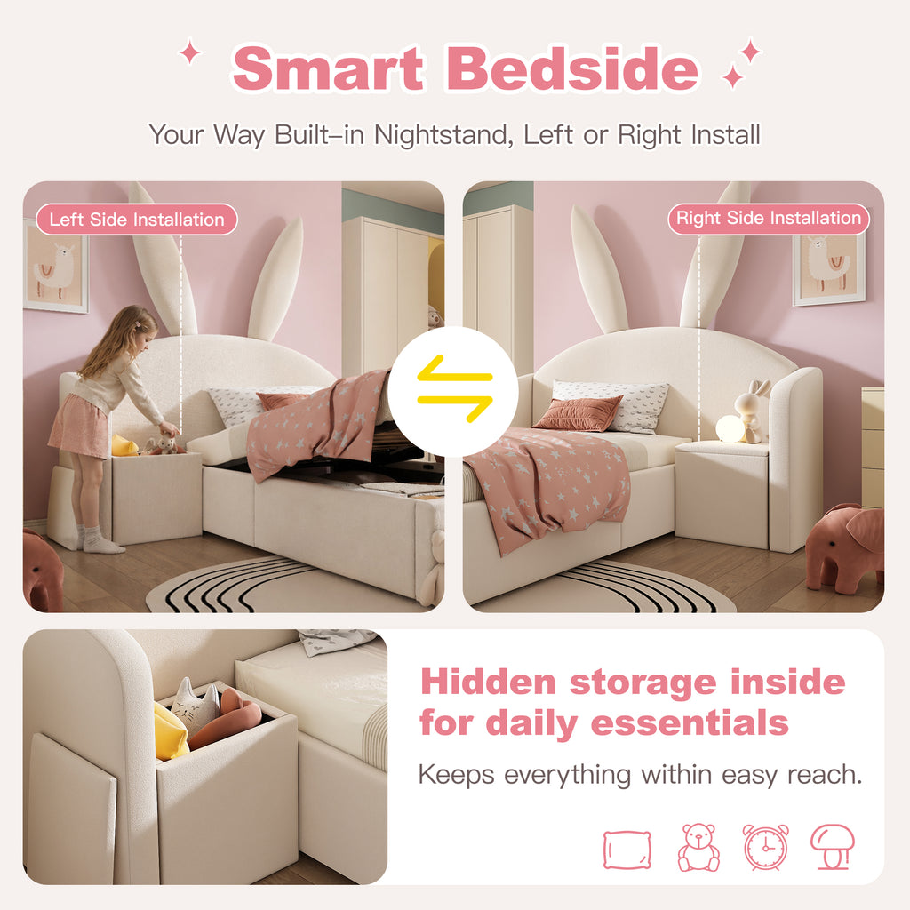 Bunny Ears Kids Bed, Single Upholstered Bed with Hydraulic Storage & Nightstand, Children Bed Frame for Girls Bedroom, 90 x 190 cm, Beige, No Mattress